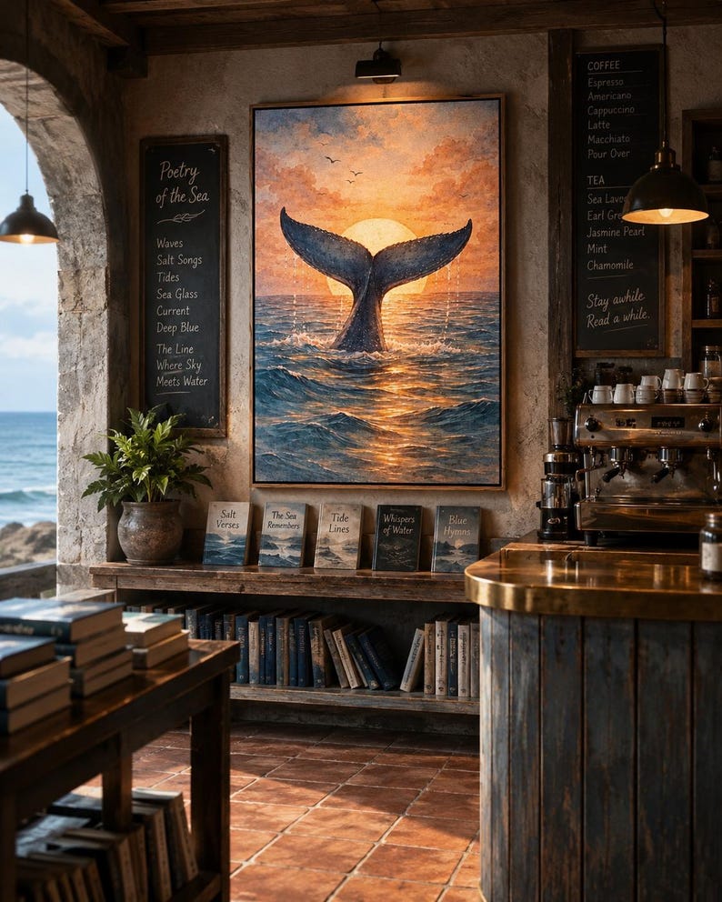 Whale tail emerging from ocean waves under a warm sunset sky, with small birds flying