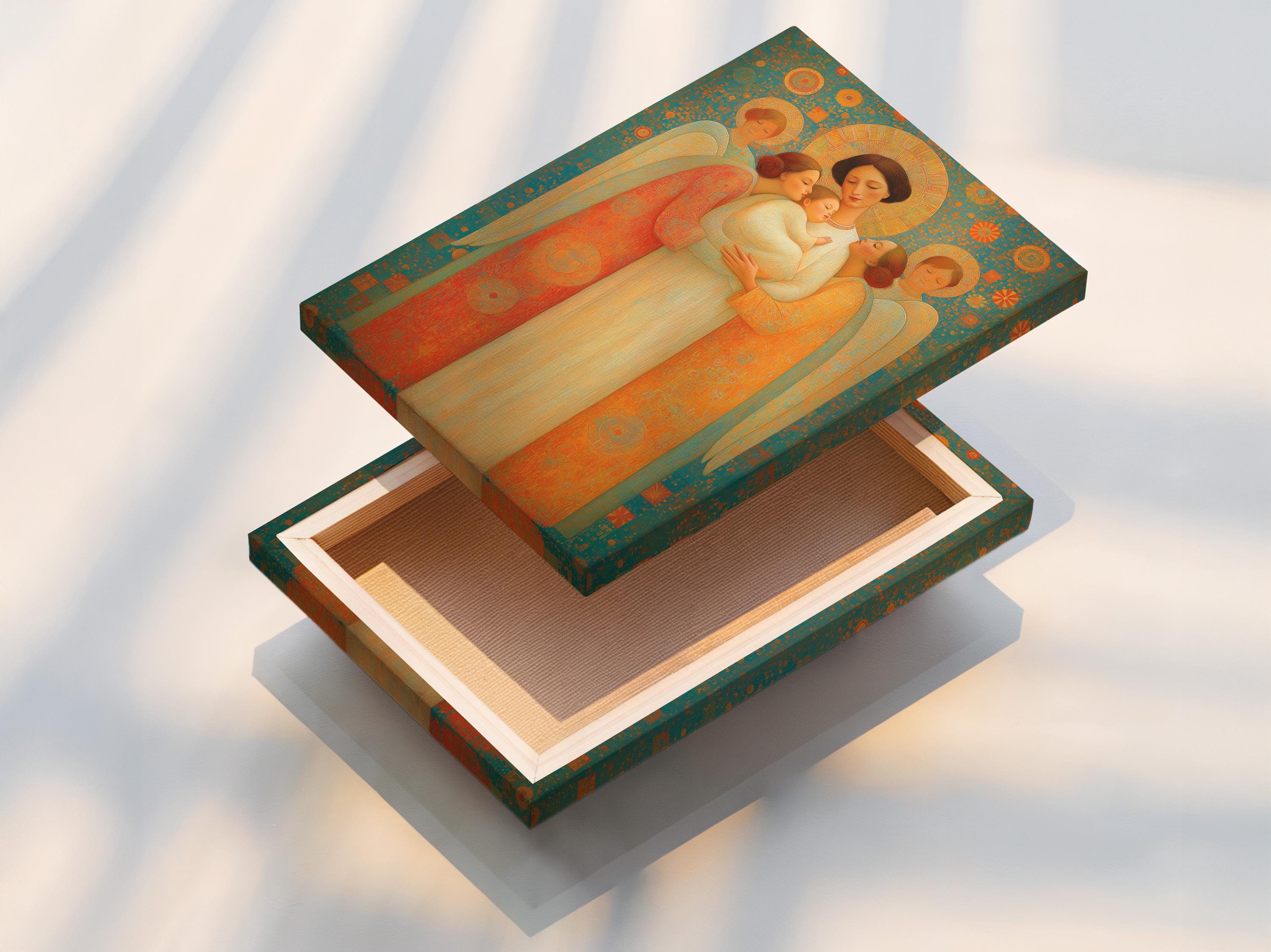 Angel family scene with haloed figures in teal, gold and cream, cradling a baby detail view