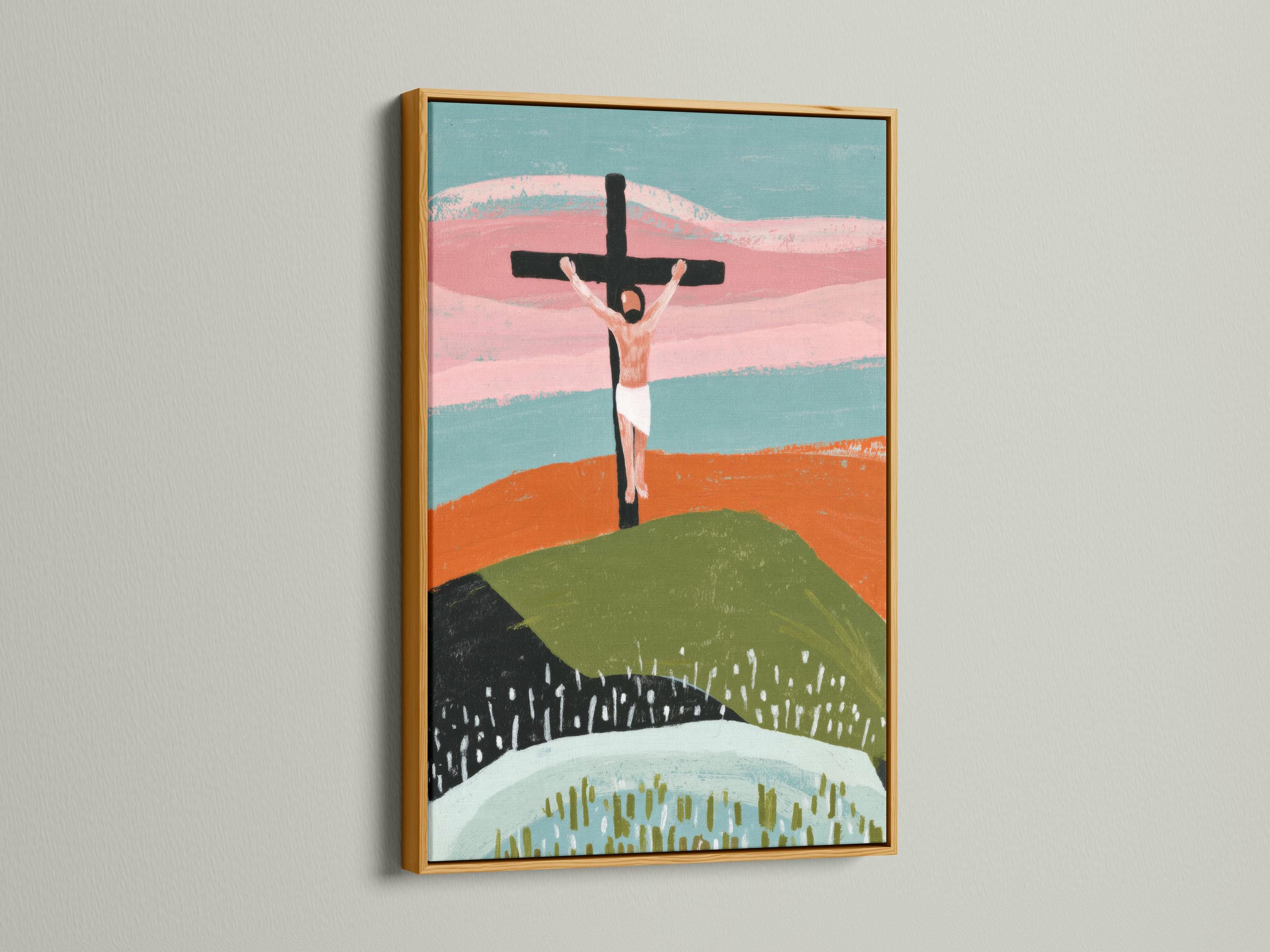 Stylised cross with outstretched figure above layered hills in dusty pink, teal and green detail view