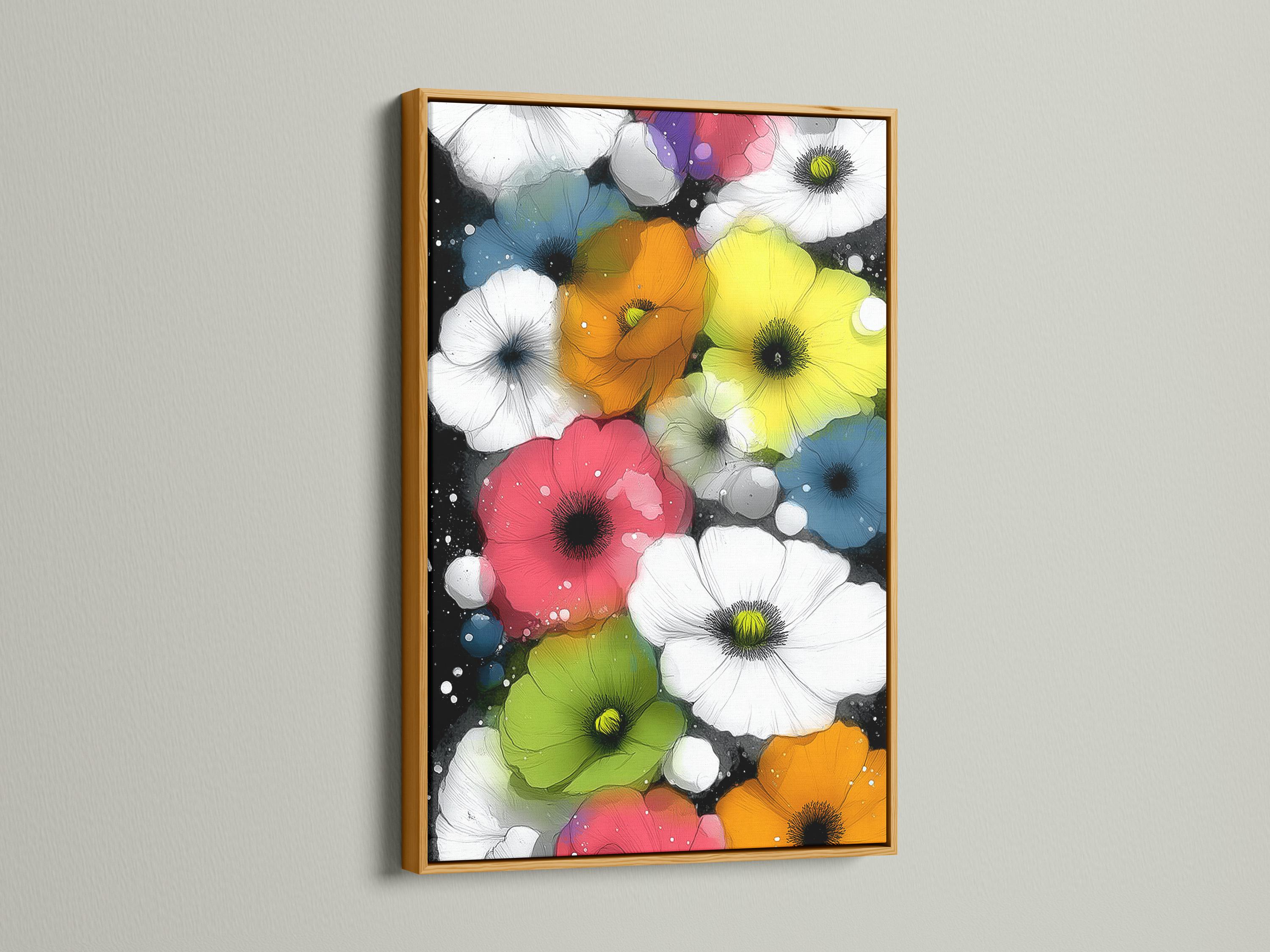 Wall mockup featuring a framed floral artwork with bright poppy-like flowers