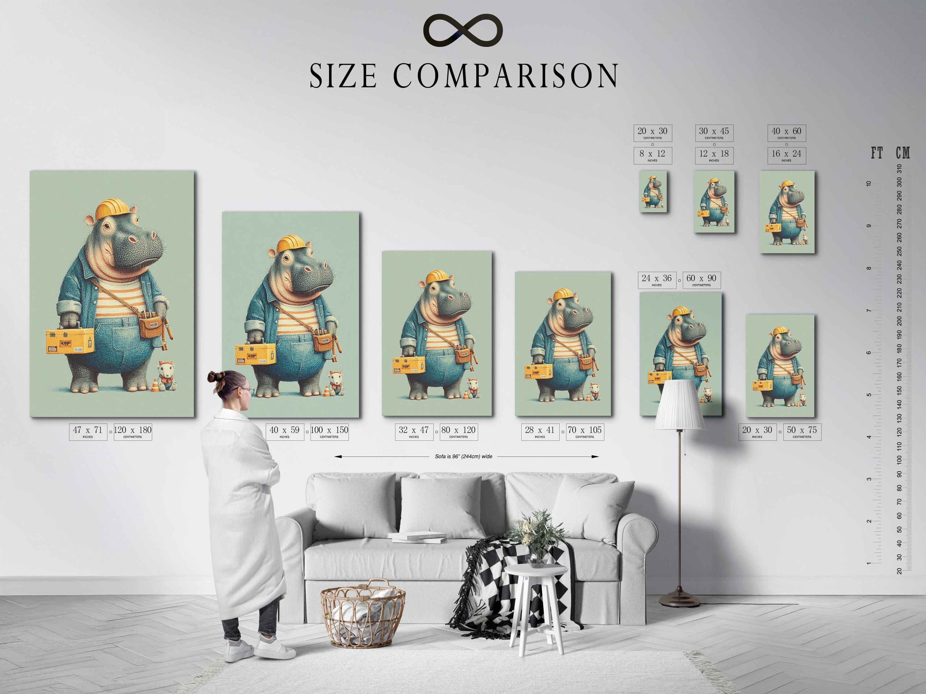 A family sitting on a bed looking at a framed hippo builder artwork above a shelf