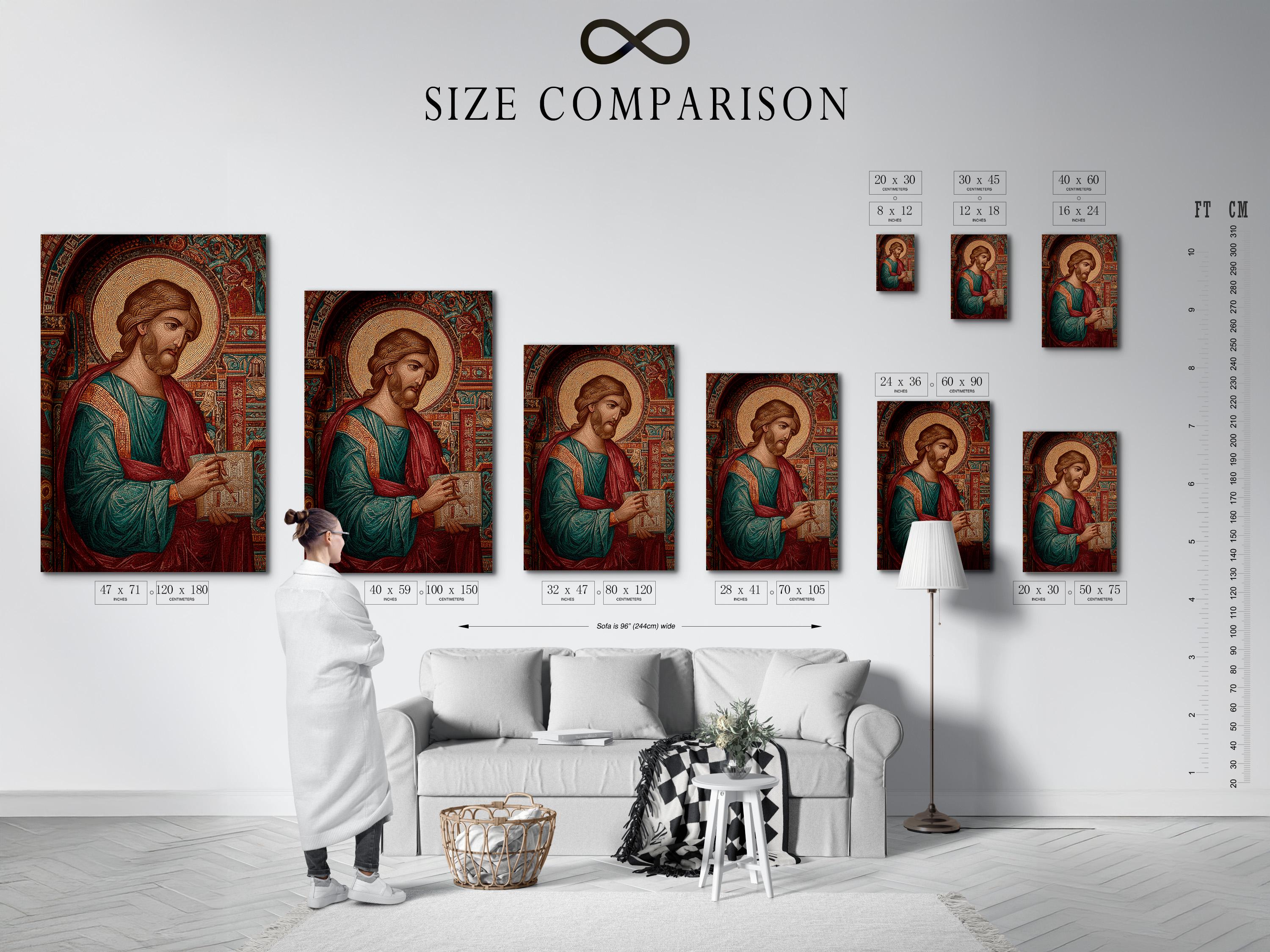 Mosaic-style saint portrait with gold halo, arched patterned background and red teal robes detail view