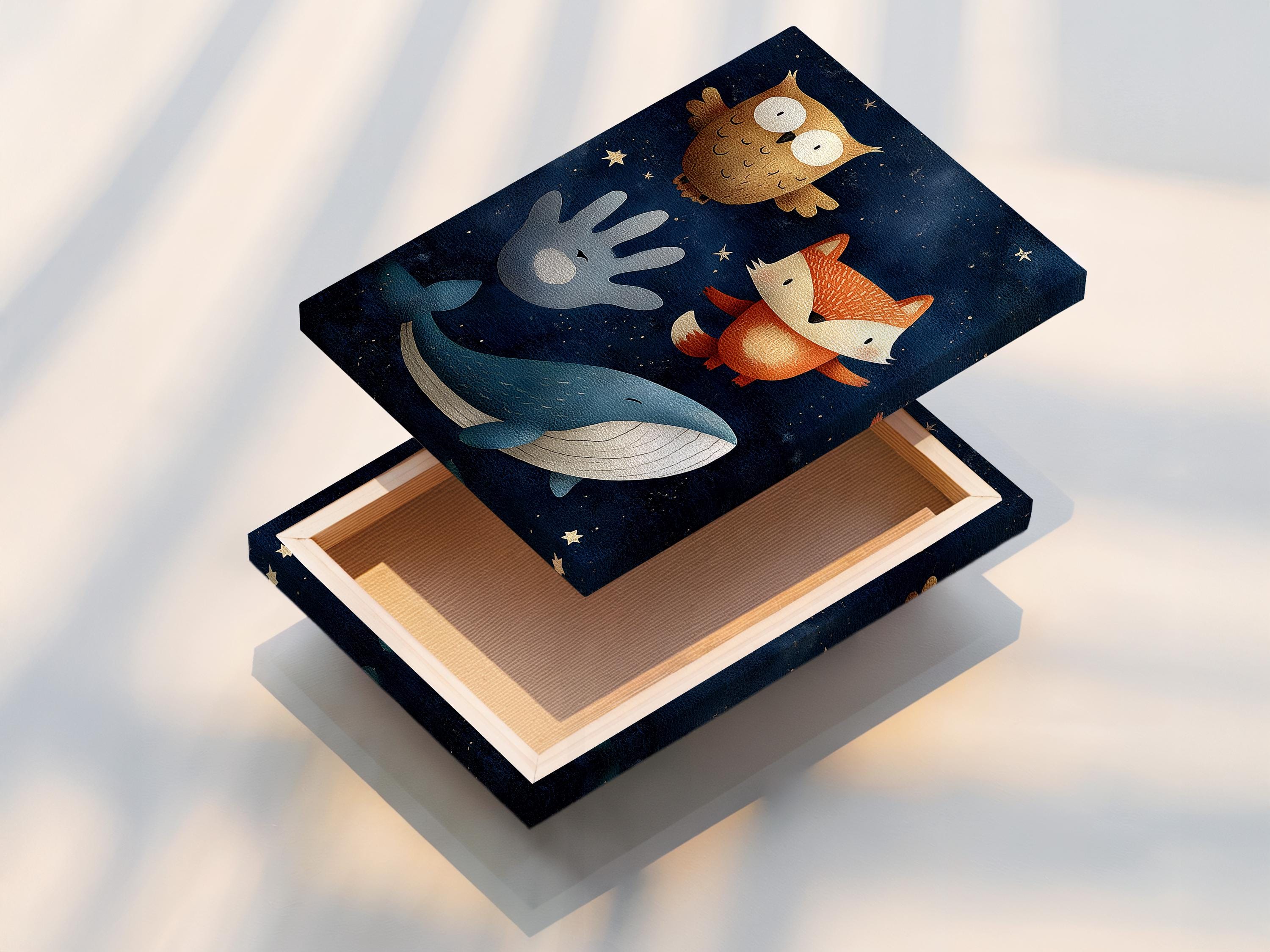 Illustrated whale, fox and owl in a navy starry-night scene with stars detail view