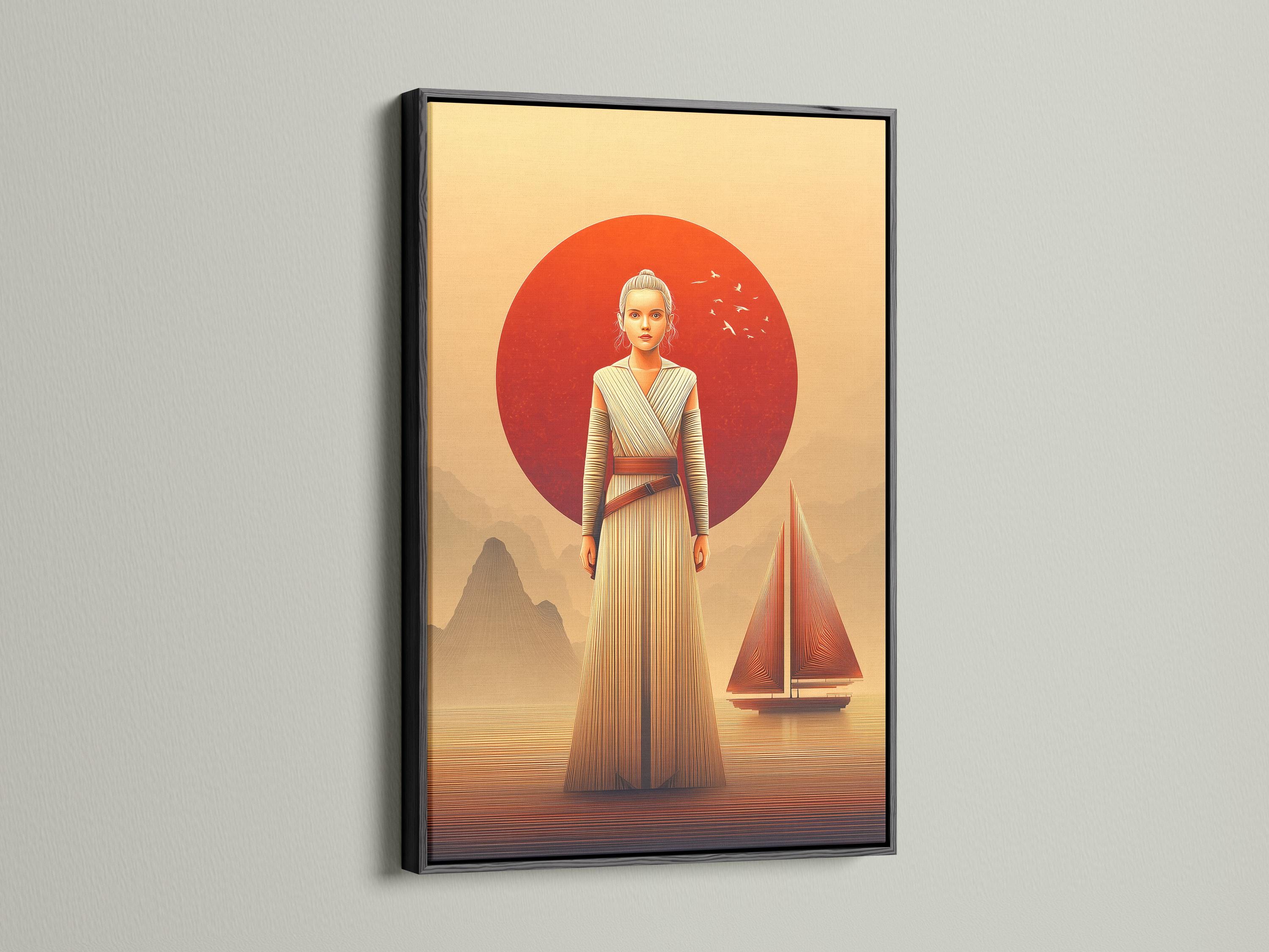 Stylised female sci‑fi figure in striped robe beneath a large red sun over a desert landscape detail view