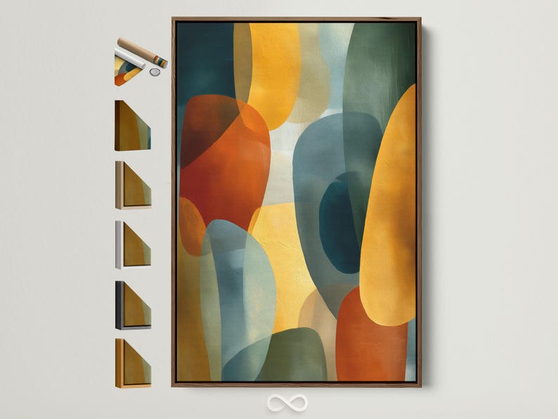 Abstract geometric artwork with overlapping rounded shapes in teal, mustard yellow and burnt orange