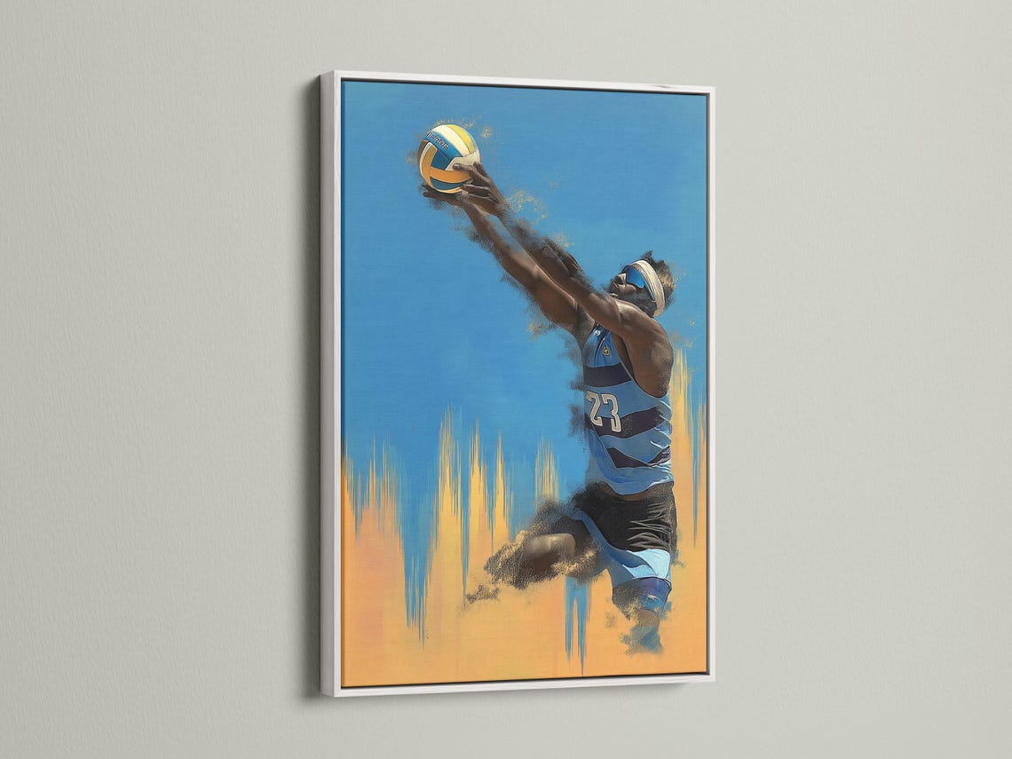 Blue and gold volleyball player action illustration with a visible number 23 detail view