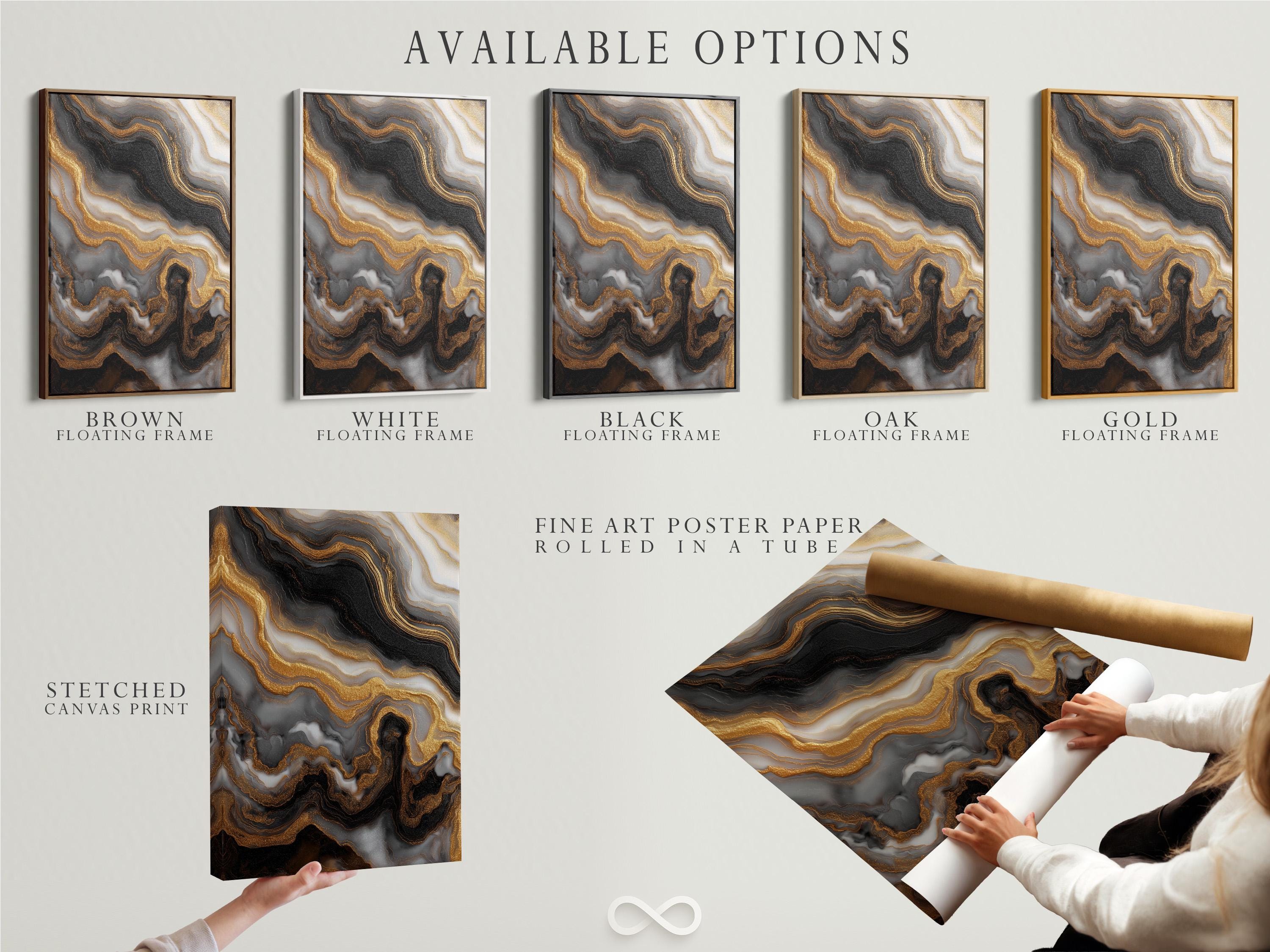 Abstract marble-like design with black and grey swirls and gold vein lines detail view