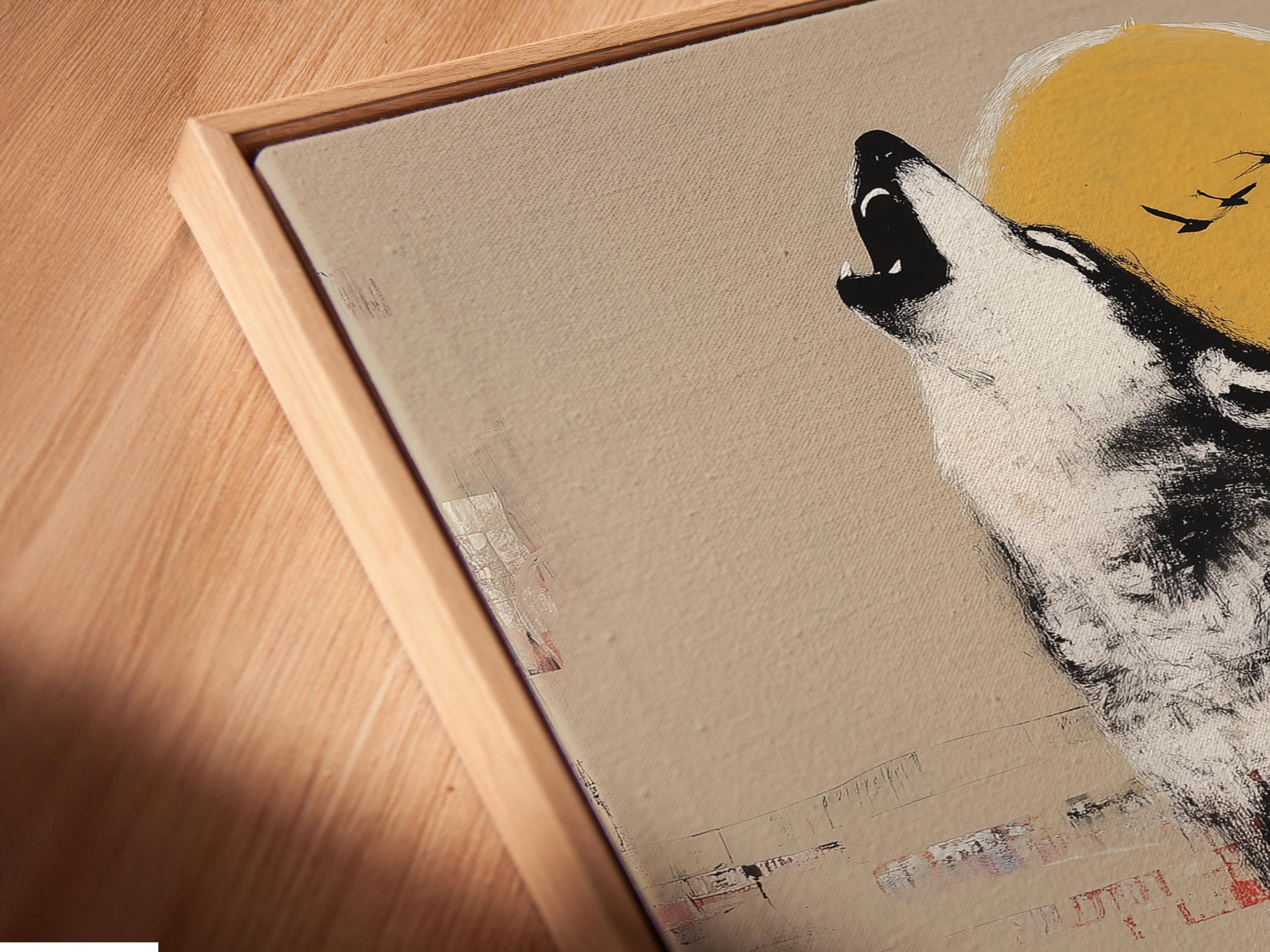 Black and white howling wolf beneath a warm yellow moon with a forest landscape detail view