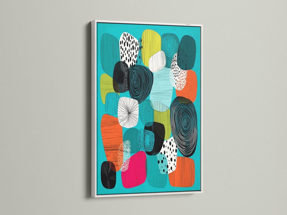 Abstract artwork in a framed composition with turquoise background and patterned shapes