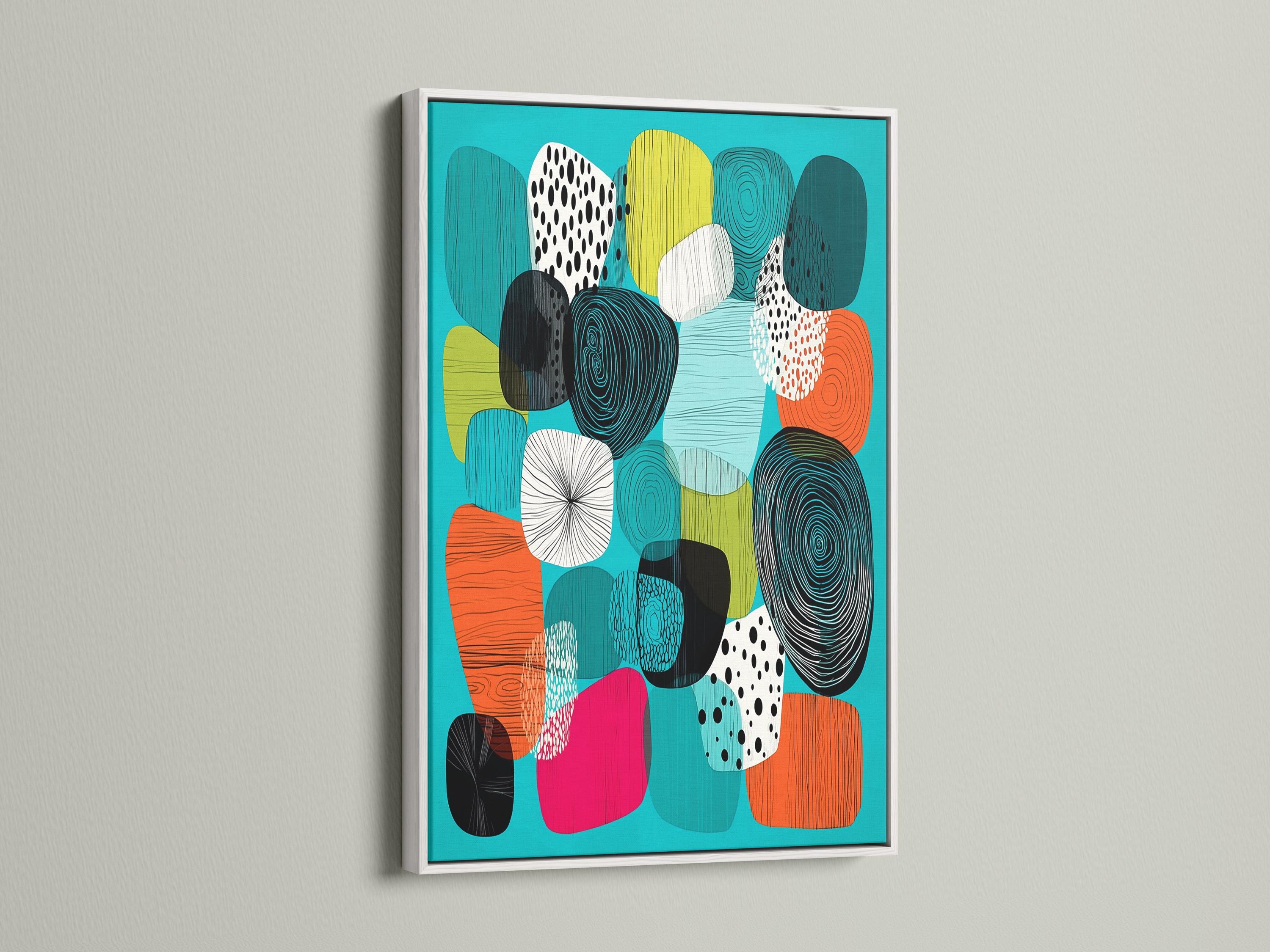 Abstract artwork in a framed composition with turquoise background and patterned shapes