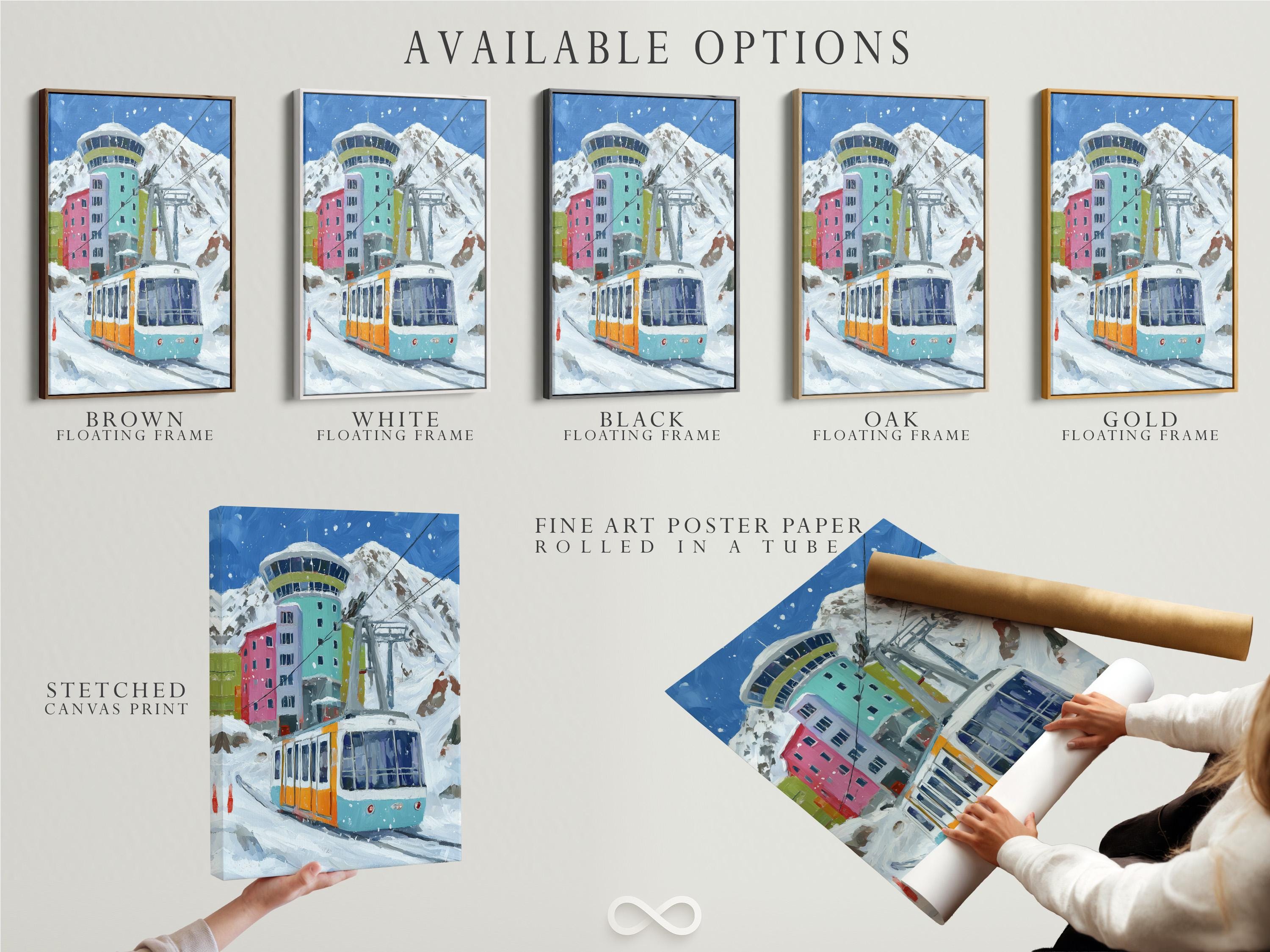 Painterly cable car gondola in a snowy alpine mountain scene with colourful buildings and falling snow detail view