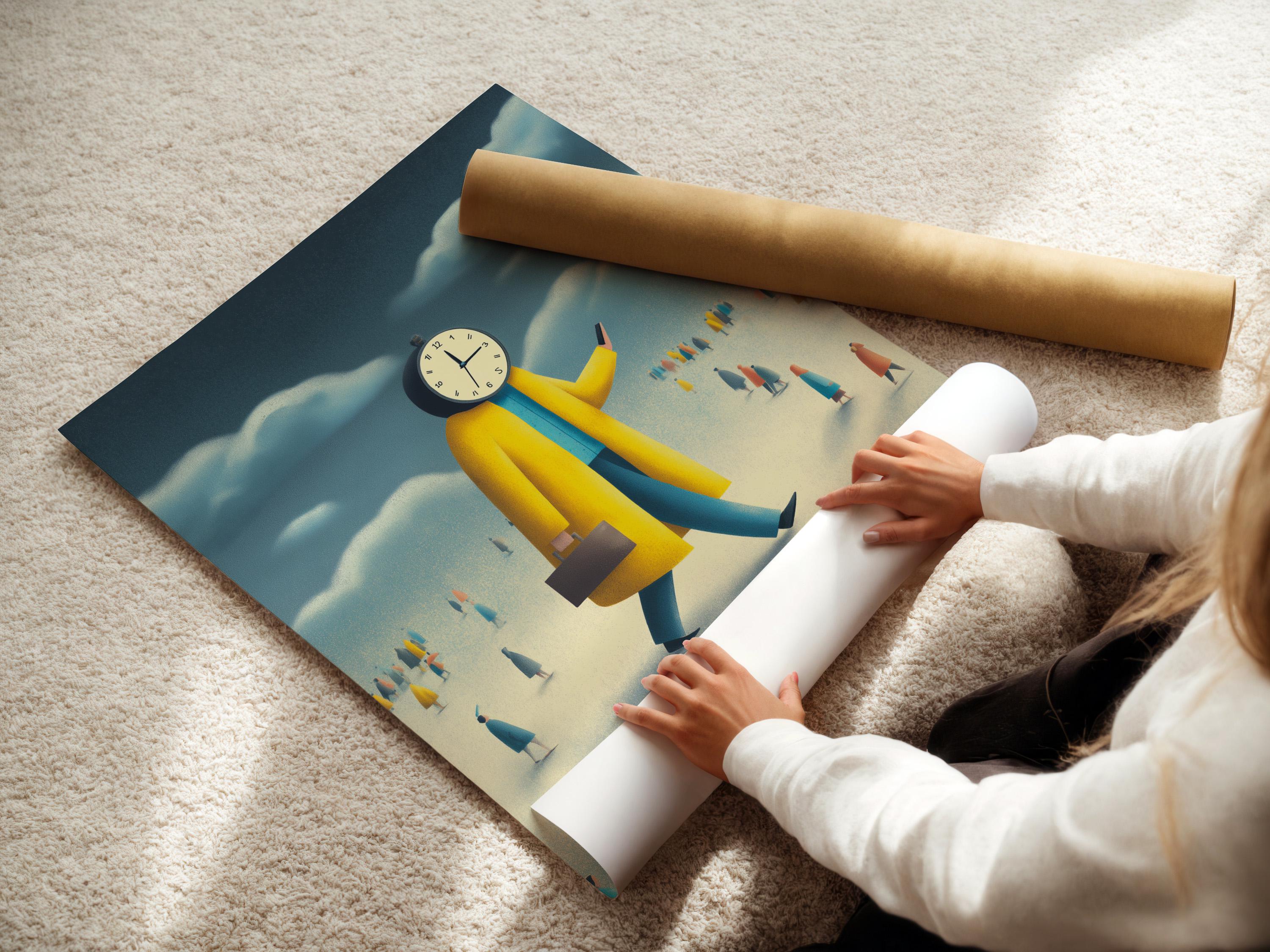 Mockup showing a framed clock-headed figure artwork in yellow and blue on a wall with supporting thumbnail views