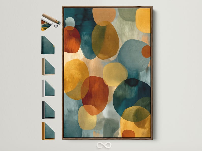 Abstract artwork with overlapping circles in teal, cream, rust, olive and mustard tones