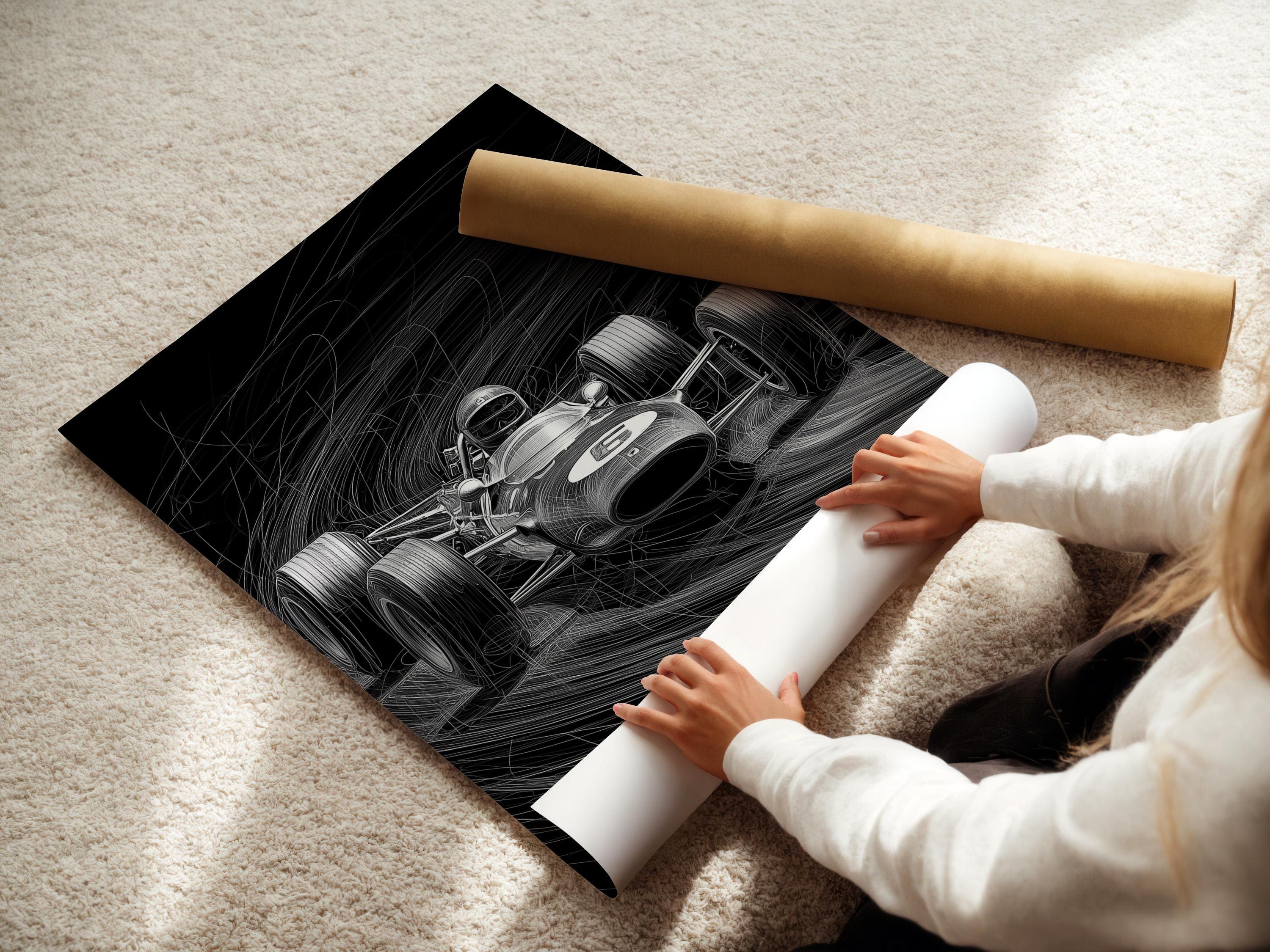 Black and white race car sketch with a helmeted driver and motion speed lines detail view