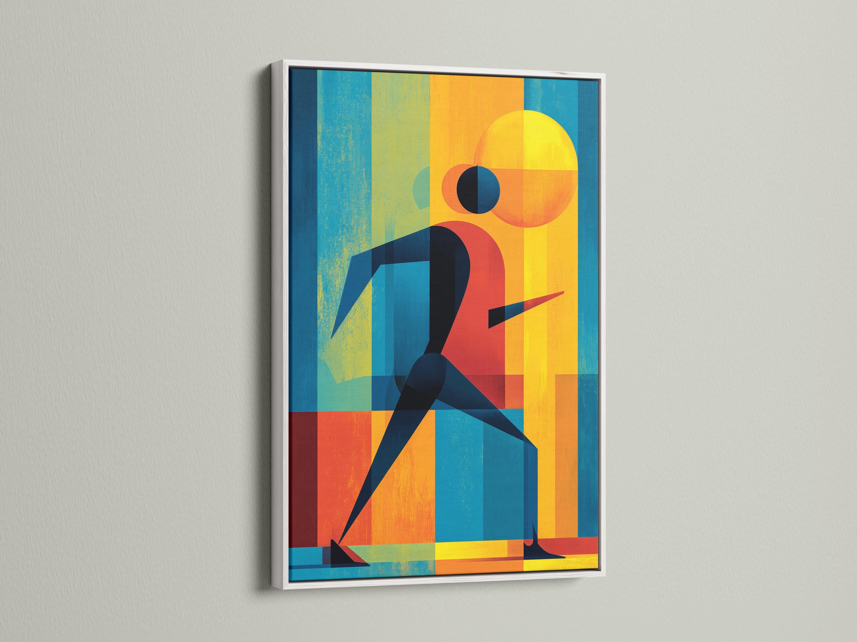 Geometric runner figure in red, blue, teal and yellow with a sun-like circle background detail view