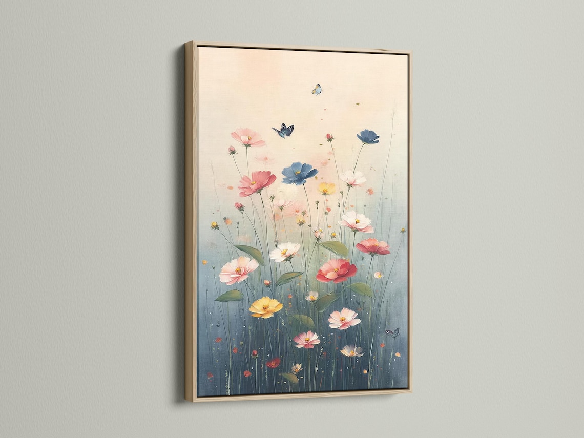 Pastel meadow flowers with butterflies floating above blue-green stems detail view