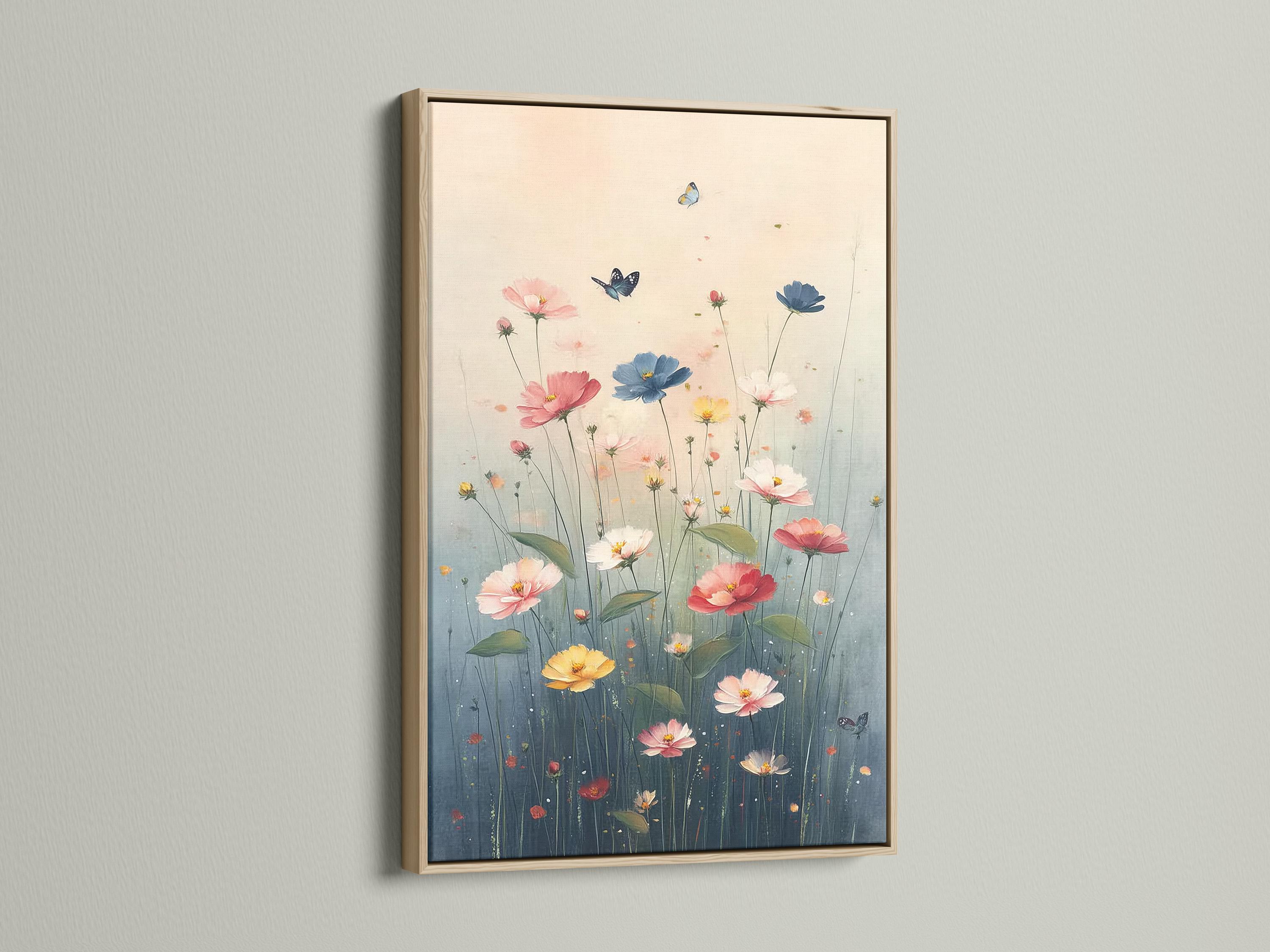 Pastel meadow flowers with butterflies floating above blue-green stems detail view