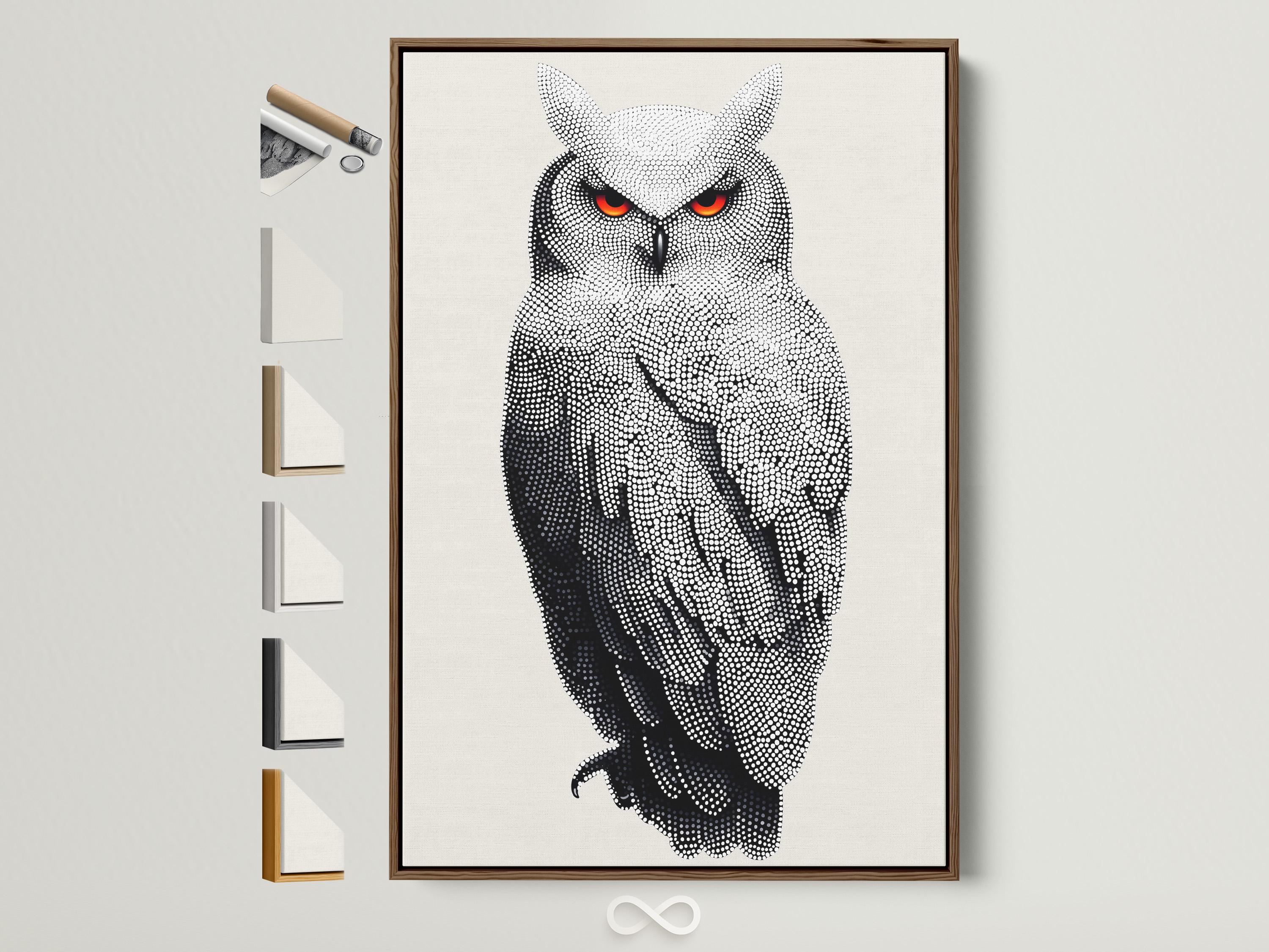 Dotted owl artwork in black and white with bright red-orange eyes detail view