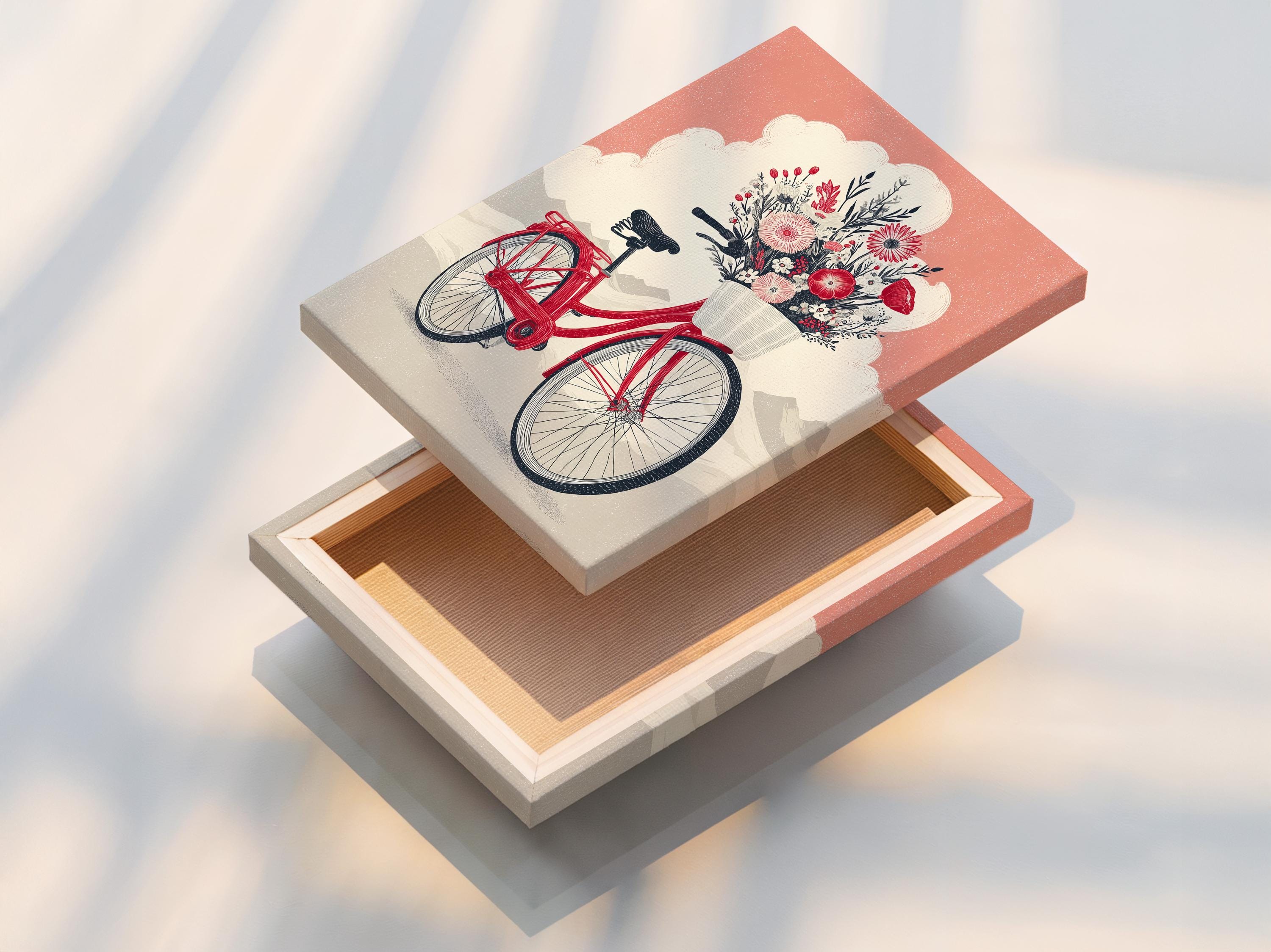 A red bicycle is decorated with a large bouquet of flowers and leaves, set against a dusty pink sky and pale landscape shapes detail view