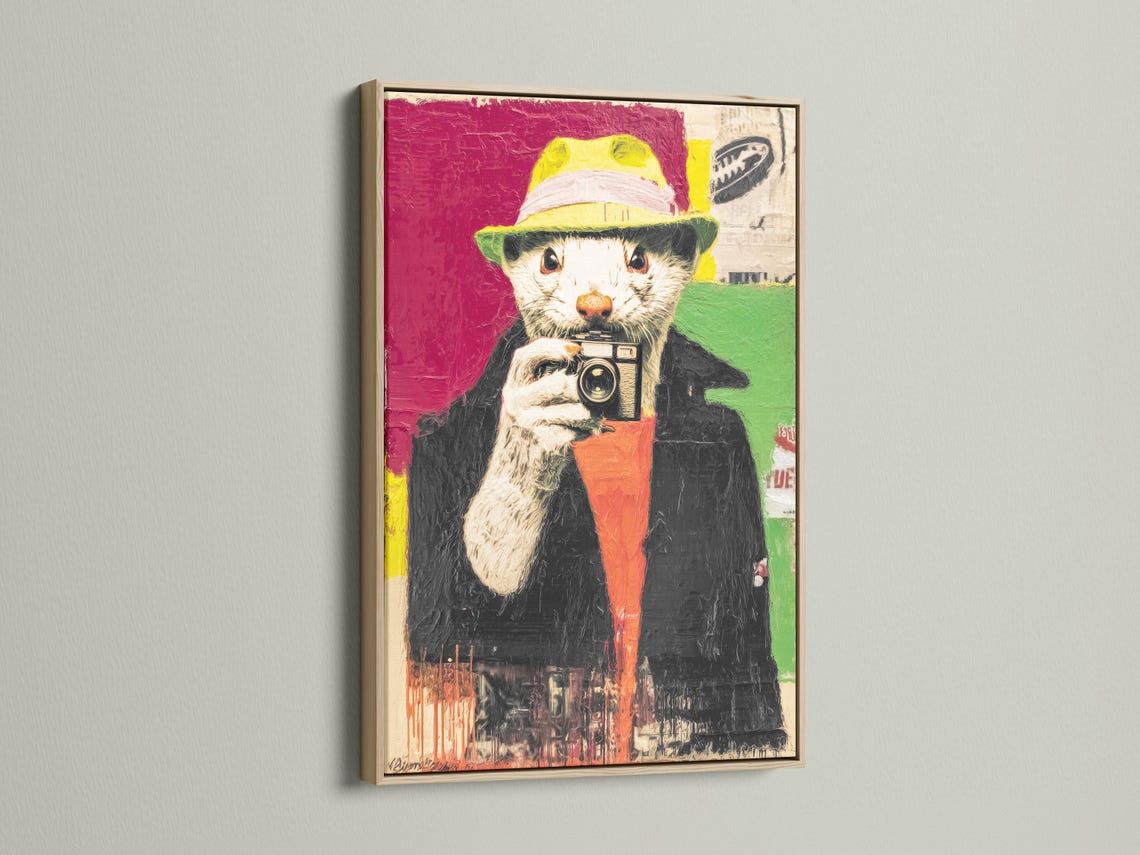 Pop-art portrait of a dog-like animal photographer holding a vintage camera, with bright magenta and green background detail view