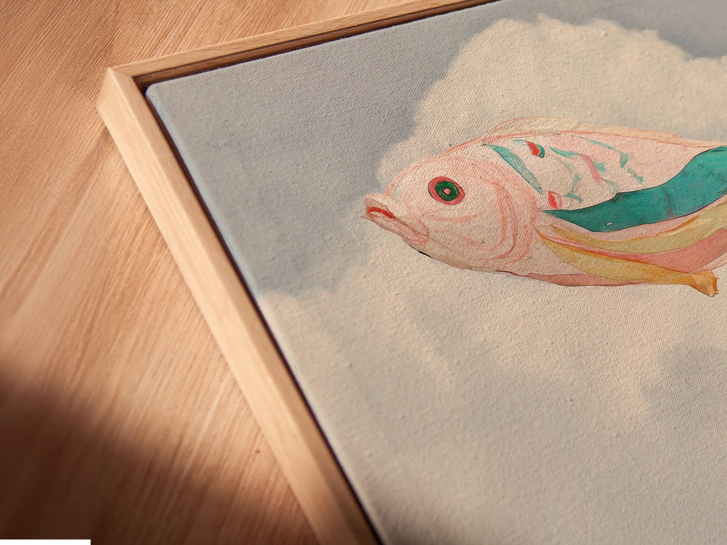 Mockup of a framed artwork showing a surreal flying fish in the sky