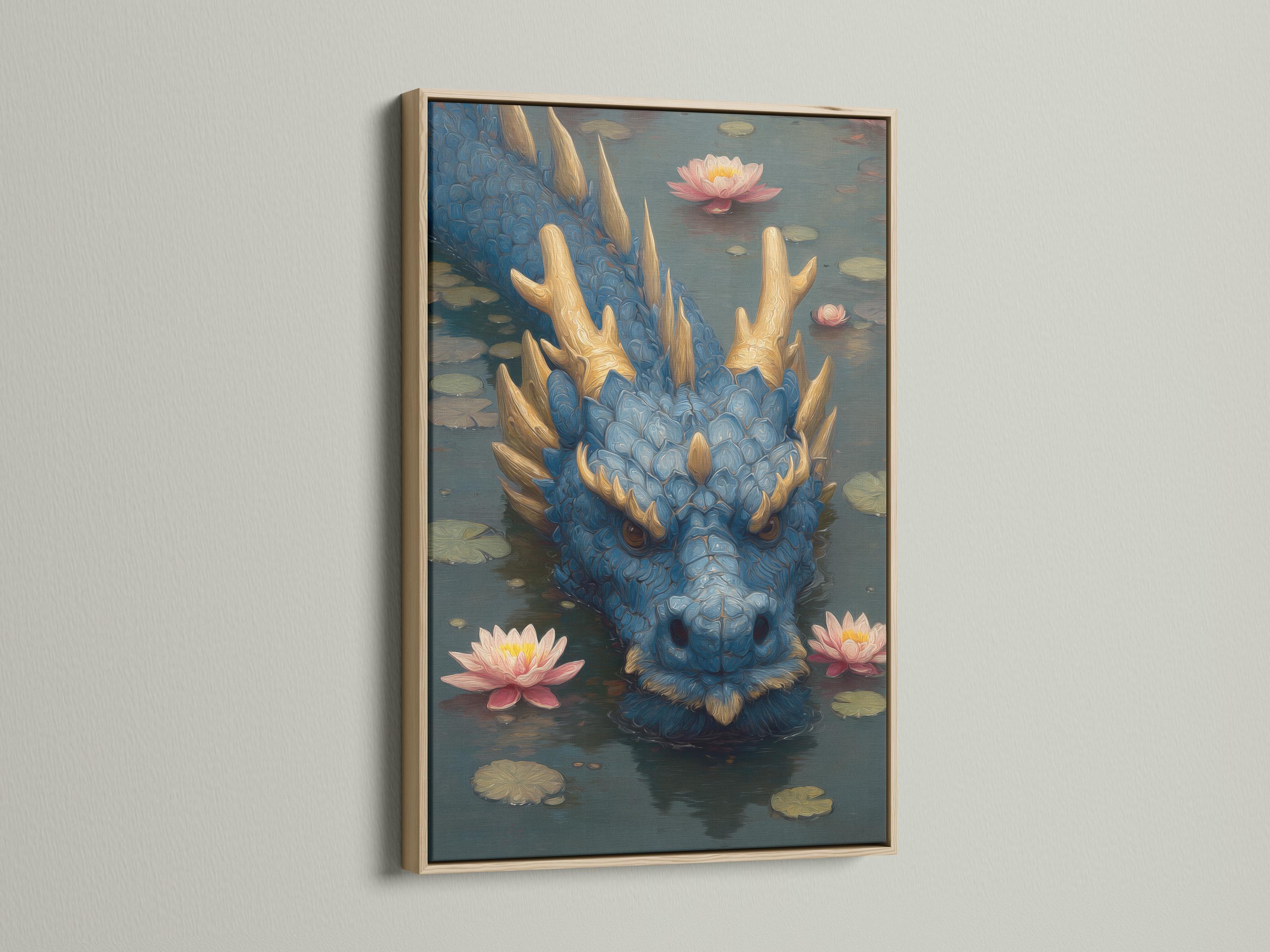 Blue dragon head emerging from dark water with pink lotus flowers and gold horns detail view