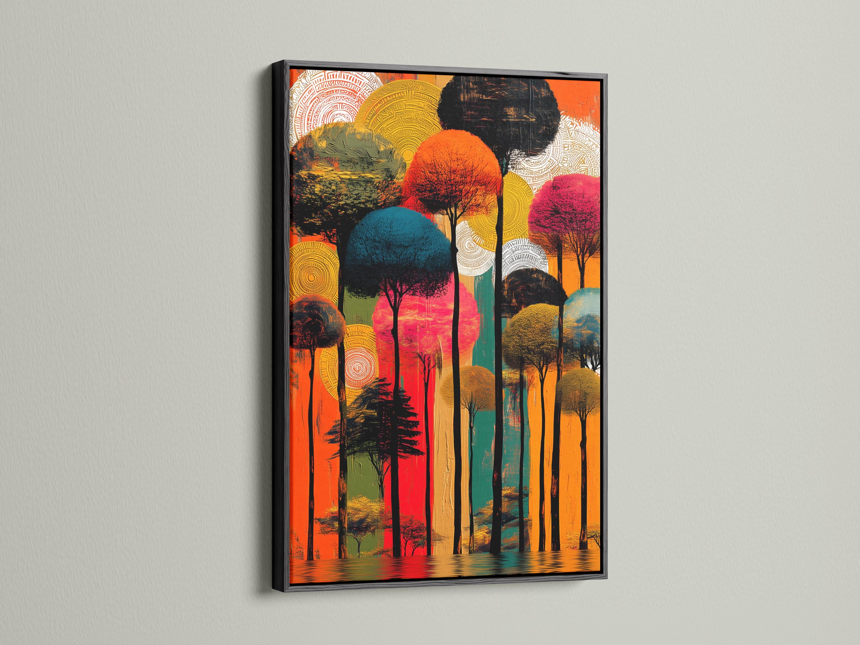 Wall mockup featuring an abstract forest artwork with orange and teal tones and circular line patterns