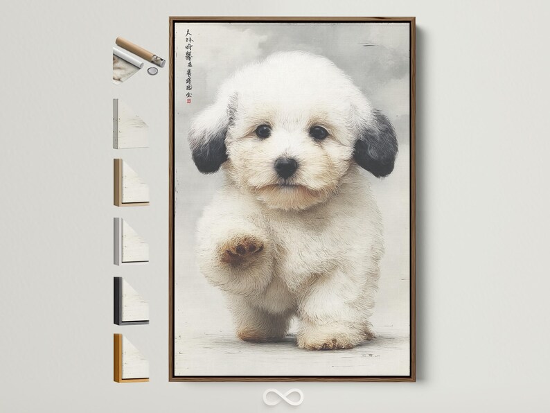Textured cream puppy portrait with dark ears and faint characters in the top-left