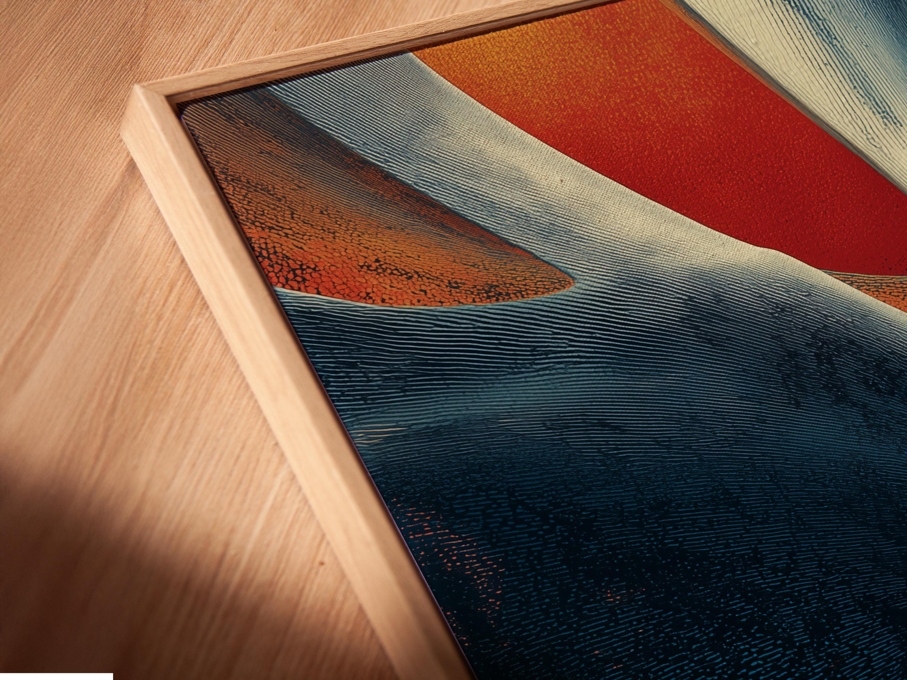 Abstract geometric artwork with indigo and blue curved ribbons, cream highlights, and coral-red accents detail view