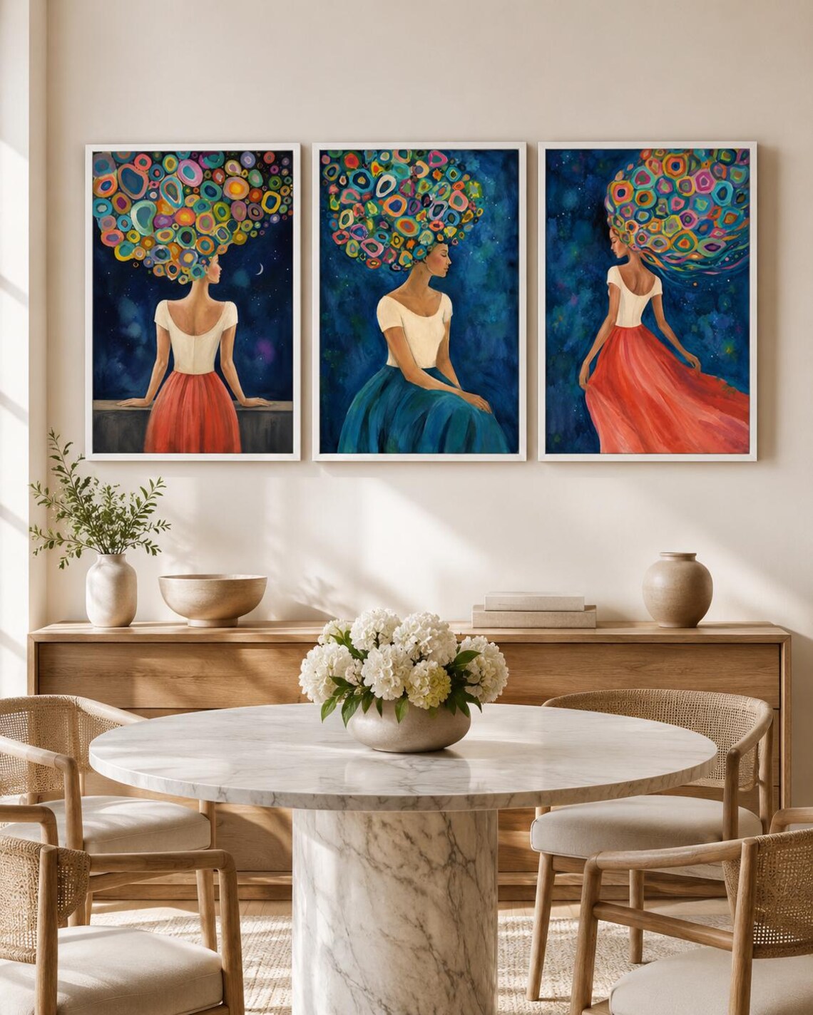 Three framed abstract female portrait artworks displayed on a wall