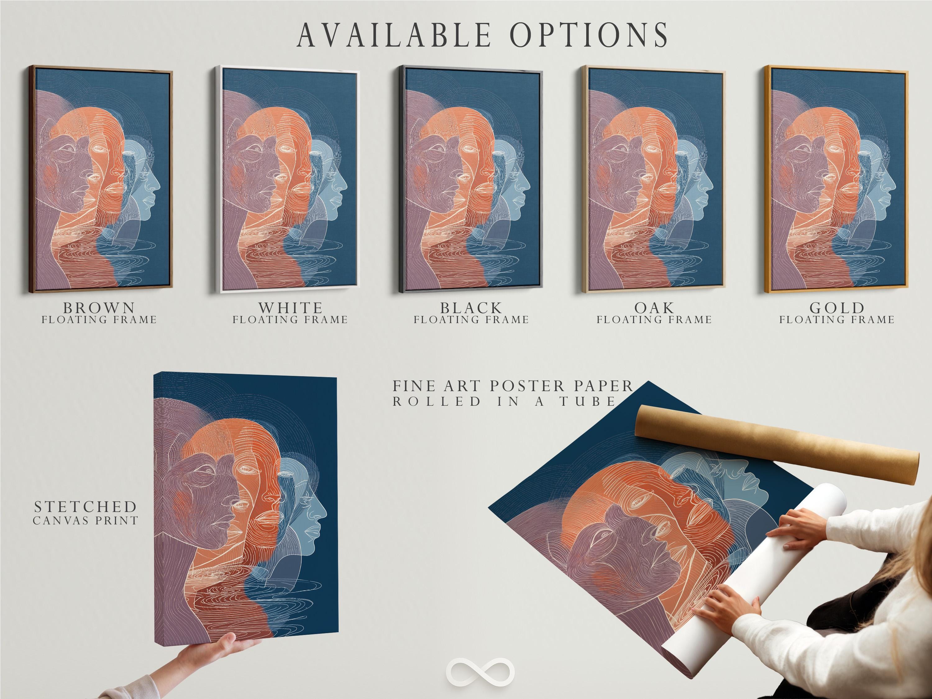 Room mockup showing an abstract faces wall artwork with indigo-blue and coral line profiles