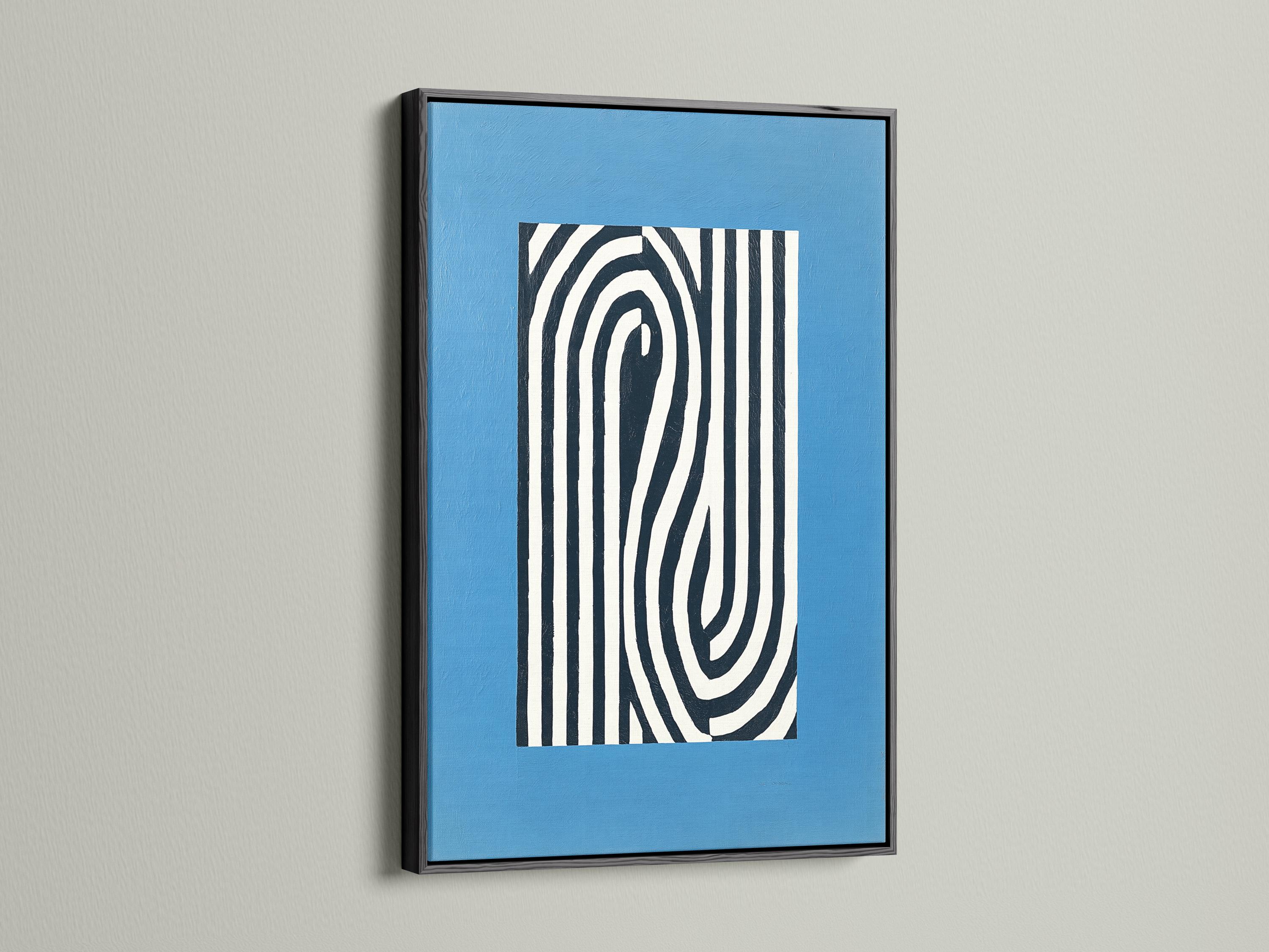 Abstract blue artwork with black and white vertical stripes and curved concentric lines detail view