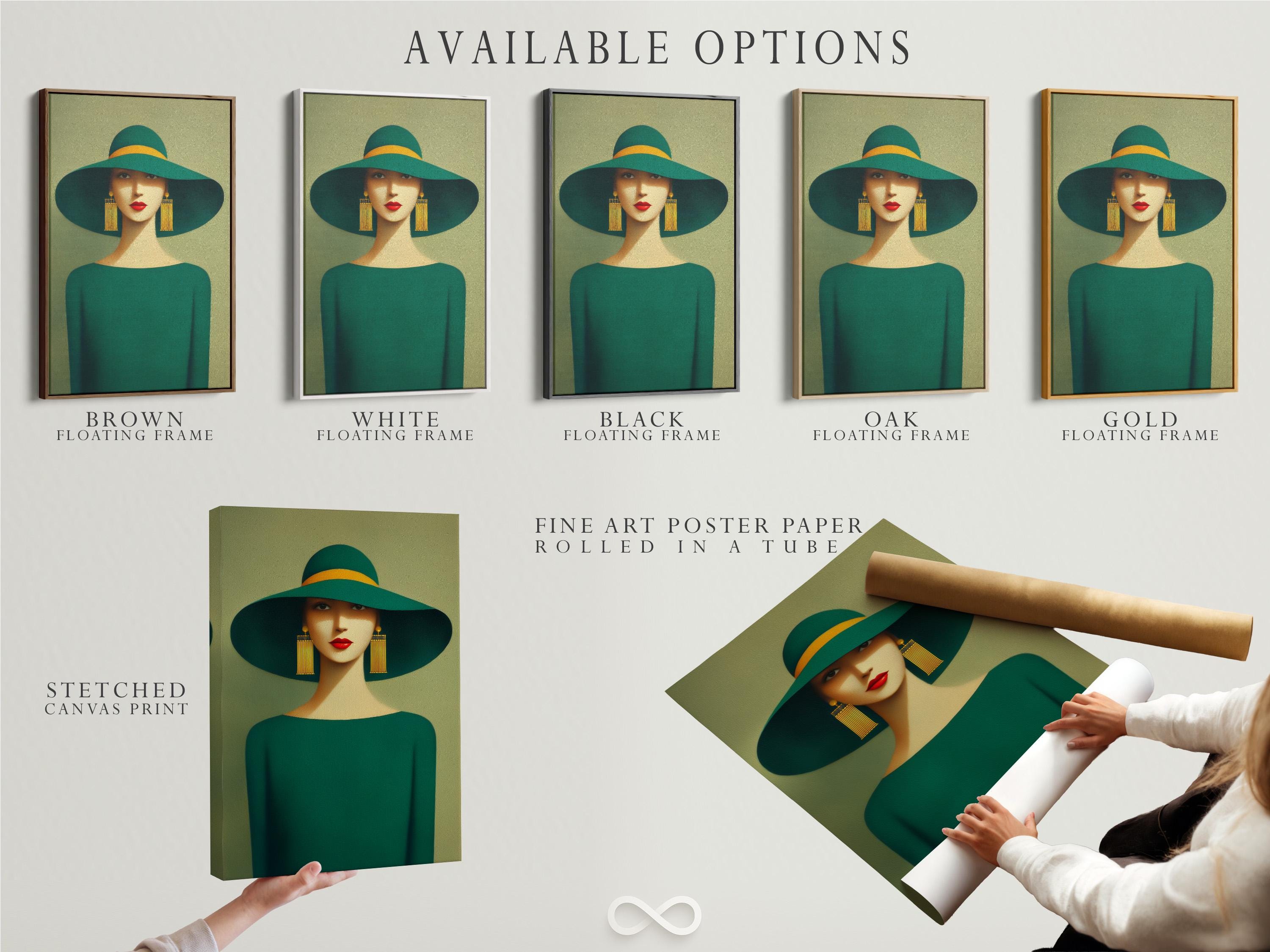 Mockup of a framed stylised woman portrait with a wide green hat and teal outfit