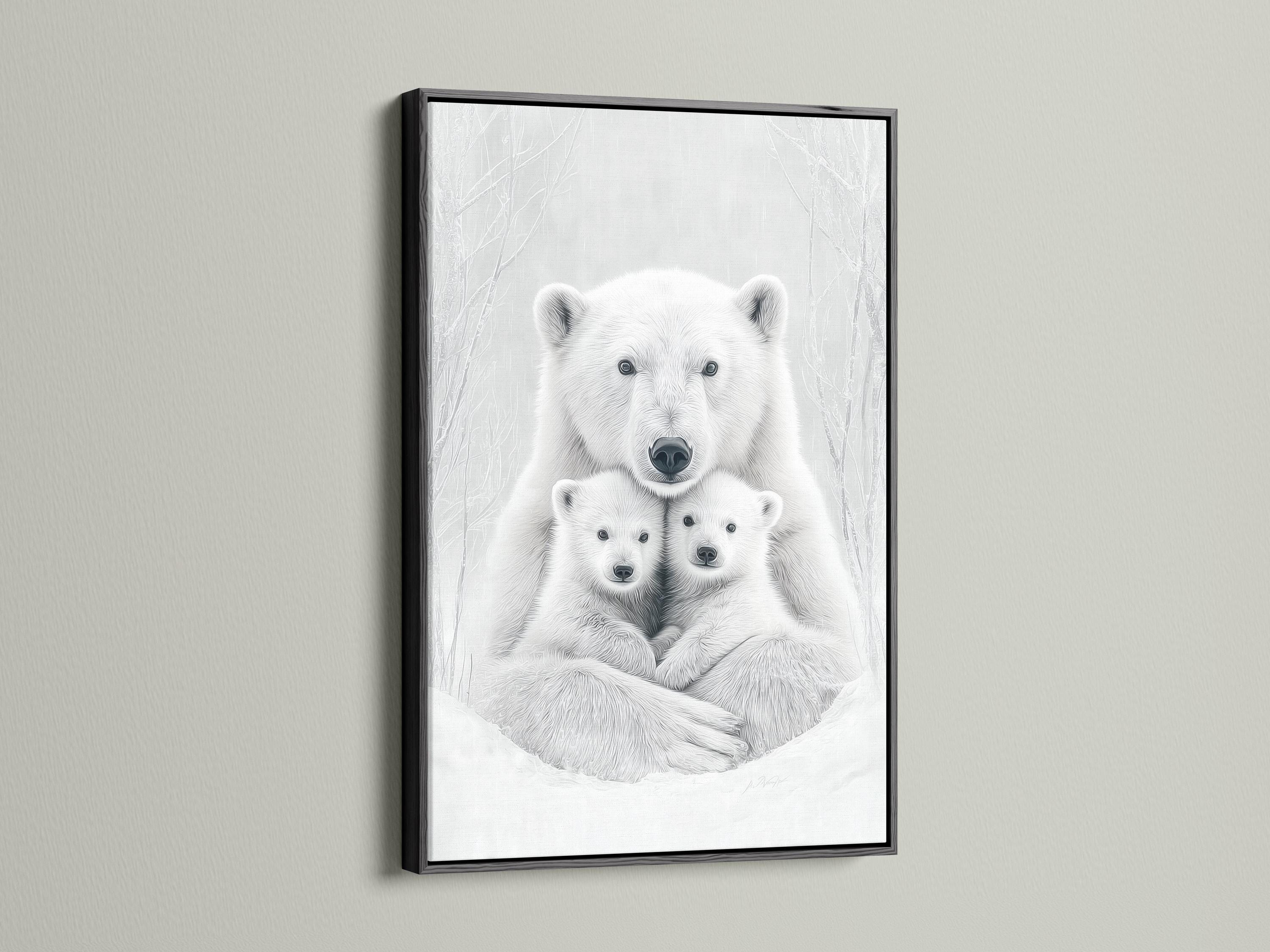Monochrome polar bear mother and two cubs with faint winter tree-branch outlines detail view