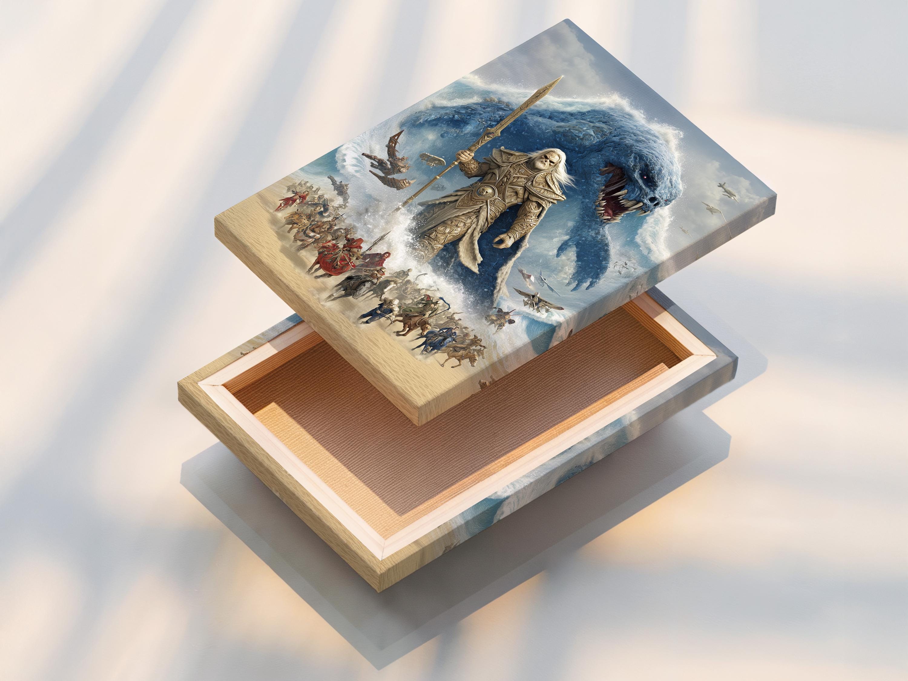 Blue sea monster lunging at a spear-wielding warrior in a stormy fantasy battle scene detail view