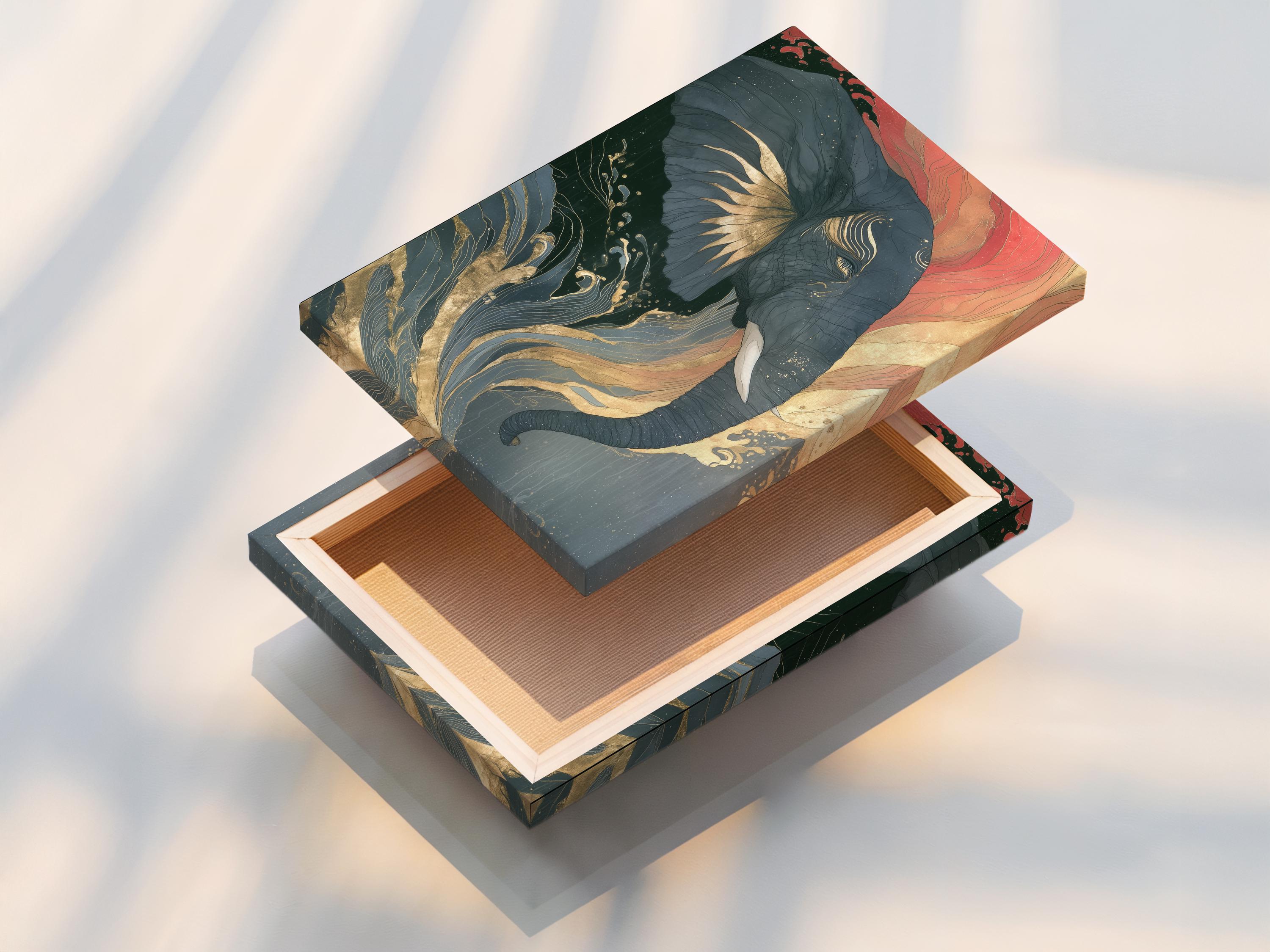 Abstract elephant portrait with swirling wave patterns in muted teal, coral pink and warm gold lines detail view