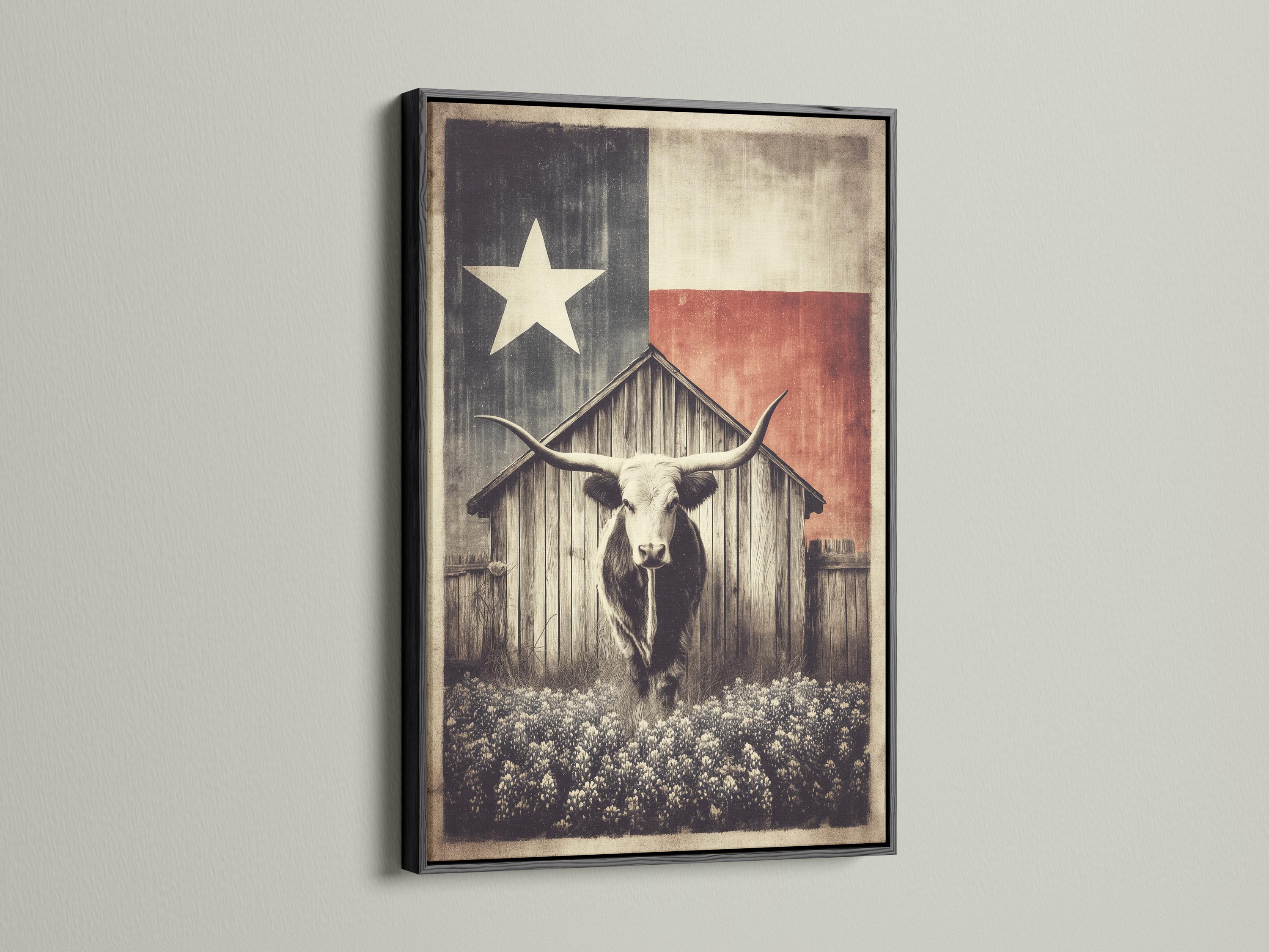 Longhorn steer illustration beneath a barn silhouette and a five-point star on a distressed sepia and charcoal background detail view