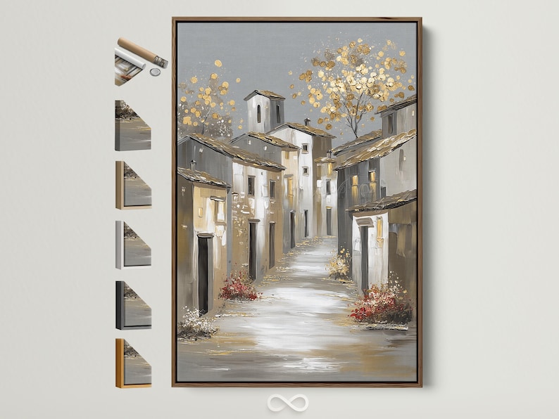 Gold sparkle European village street illustration with white buildings and grey roofs