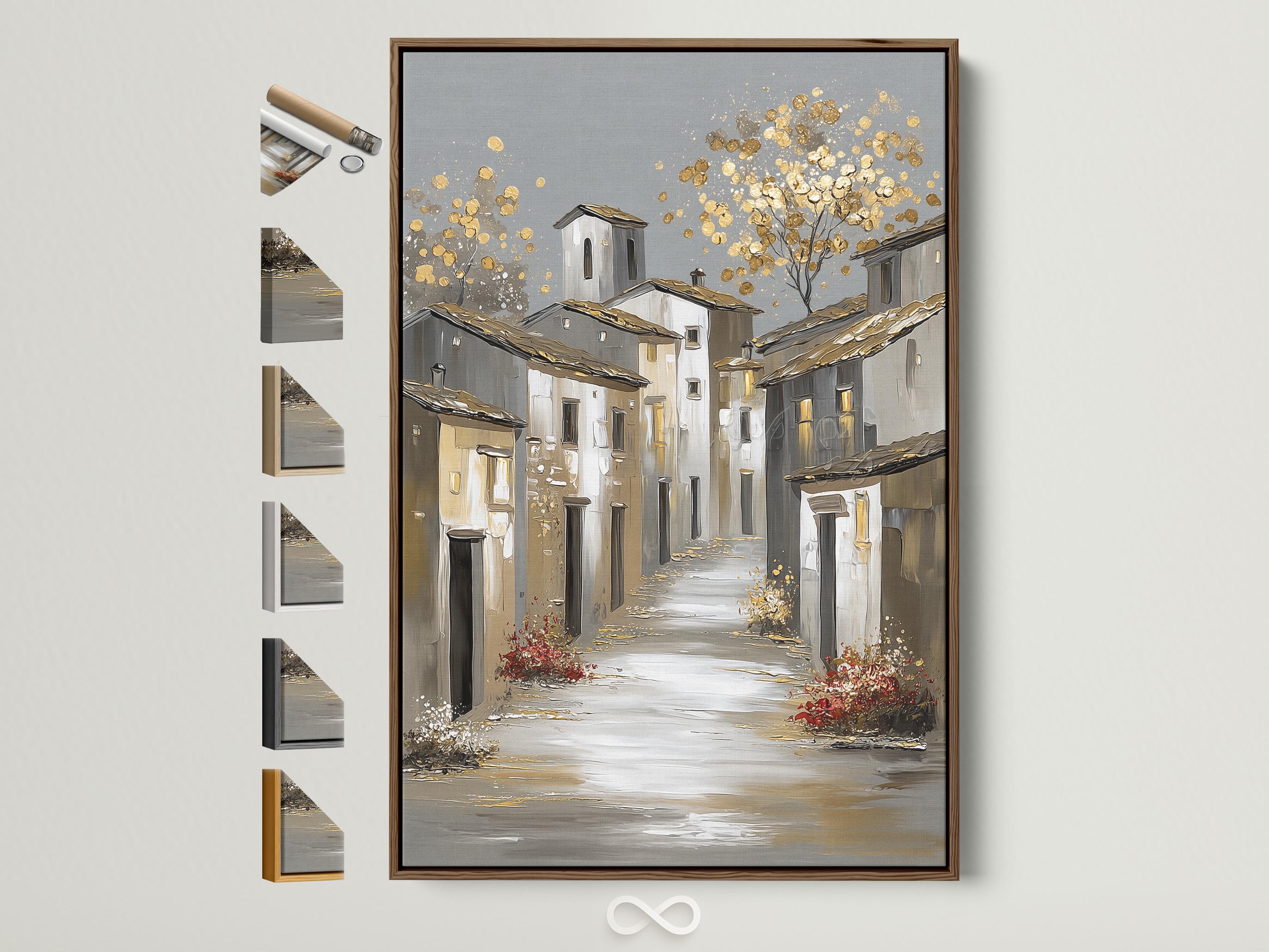 Gold sparkle European village street illustration with white buildings and grey roofs