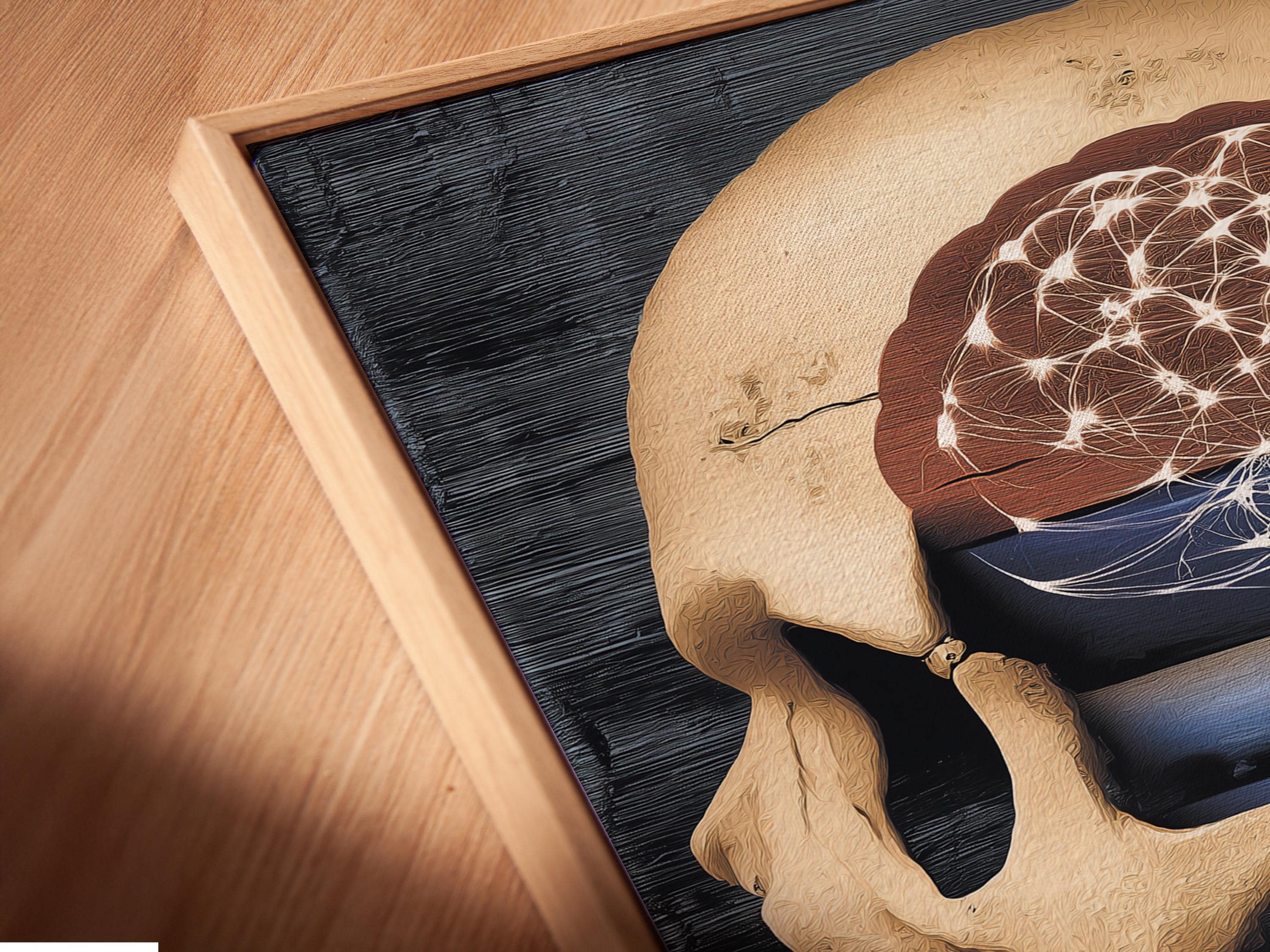 Wall mockup showing anatomical skull artwork with glowing neural lines