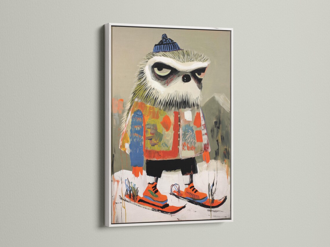 A stylised animal figure wearing a winter knit hat and skis is shown in a loose, painterly style with bright orange and blue accents detail view