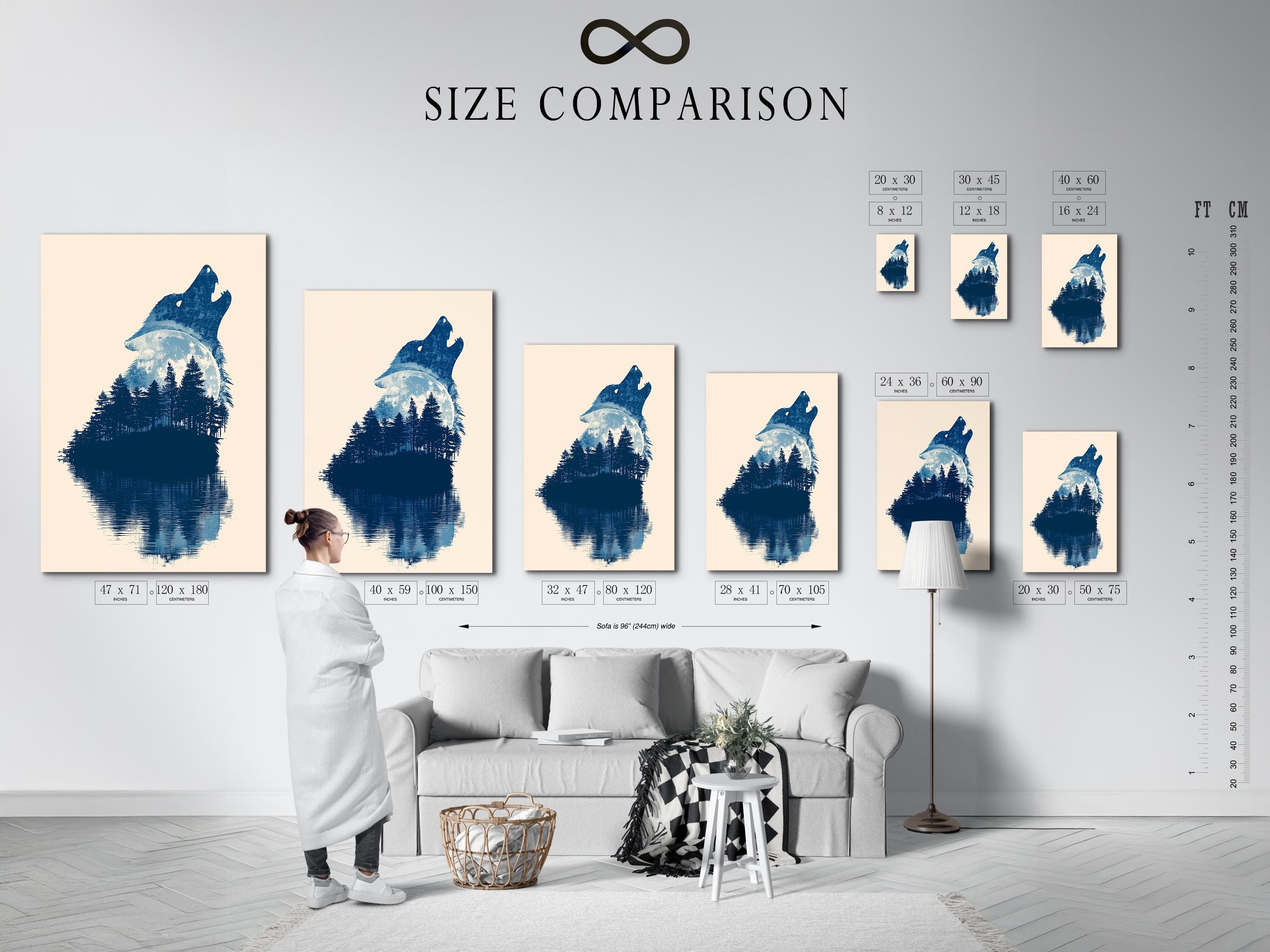 Indigo blue howling wolf silhouette filled with forest trees on a pale beige background detail view