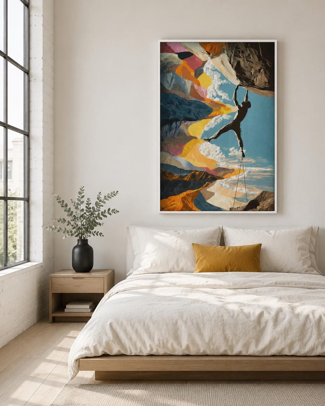 Man sitting near a bench and climbing gear beside a framed climbing artwork on a concrete wall
