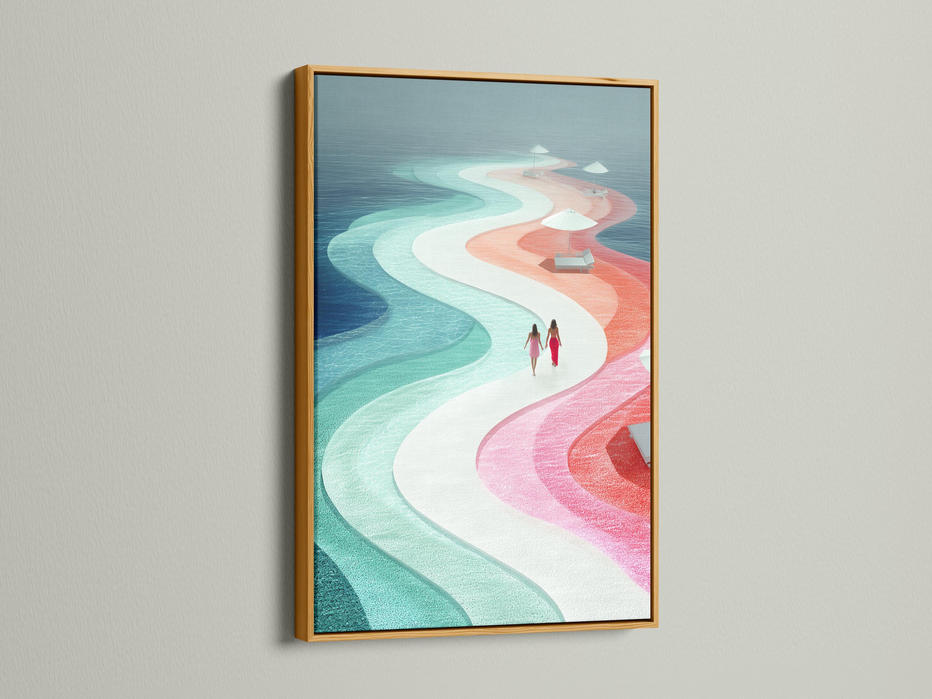 Teal and coral abstract coastal scene with ocean waves, pier, and two people walking detail view