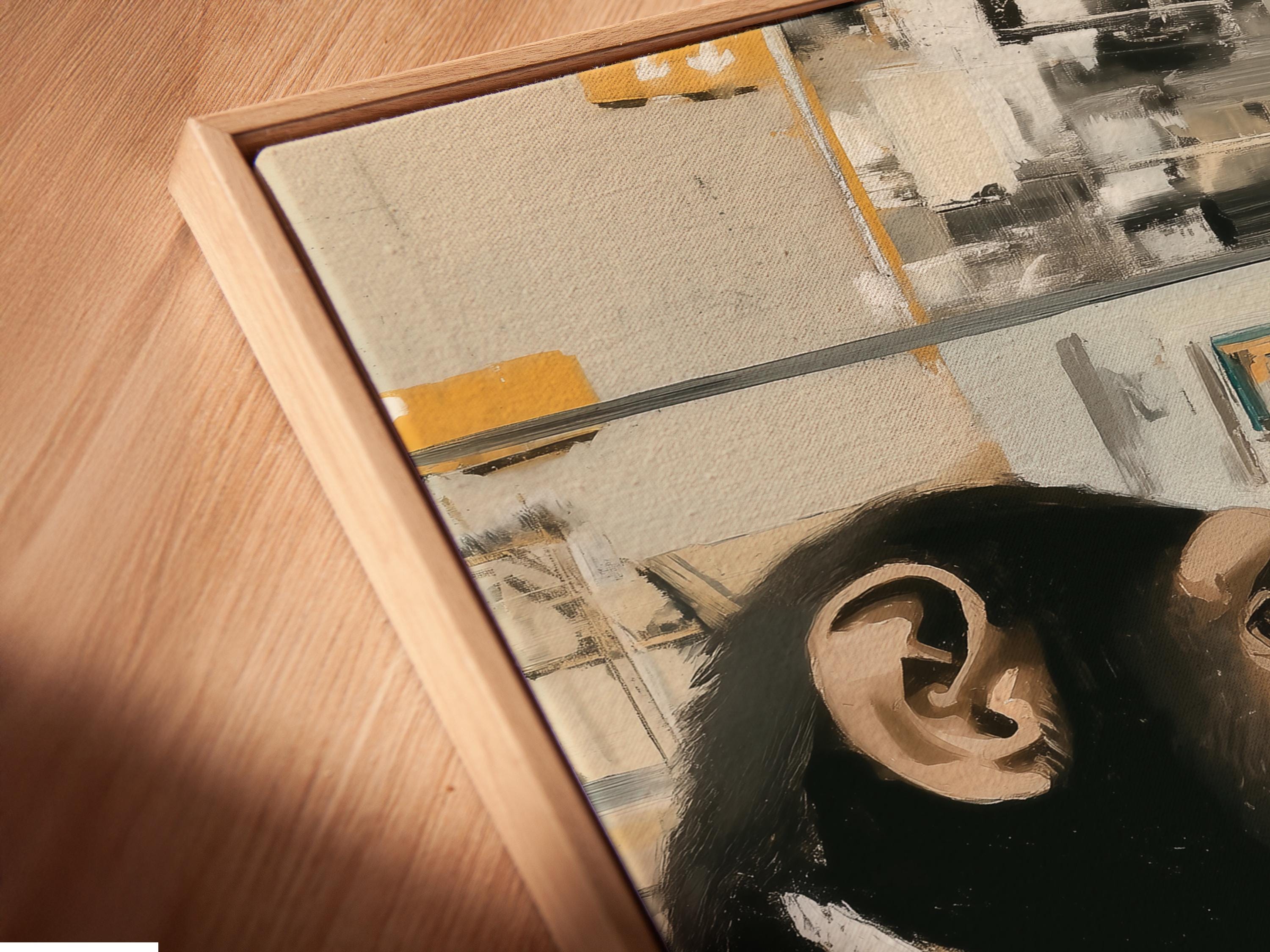 Painterly chimp in a white shirt typing at a desk with an abstract office background detail view