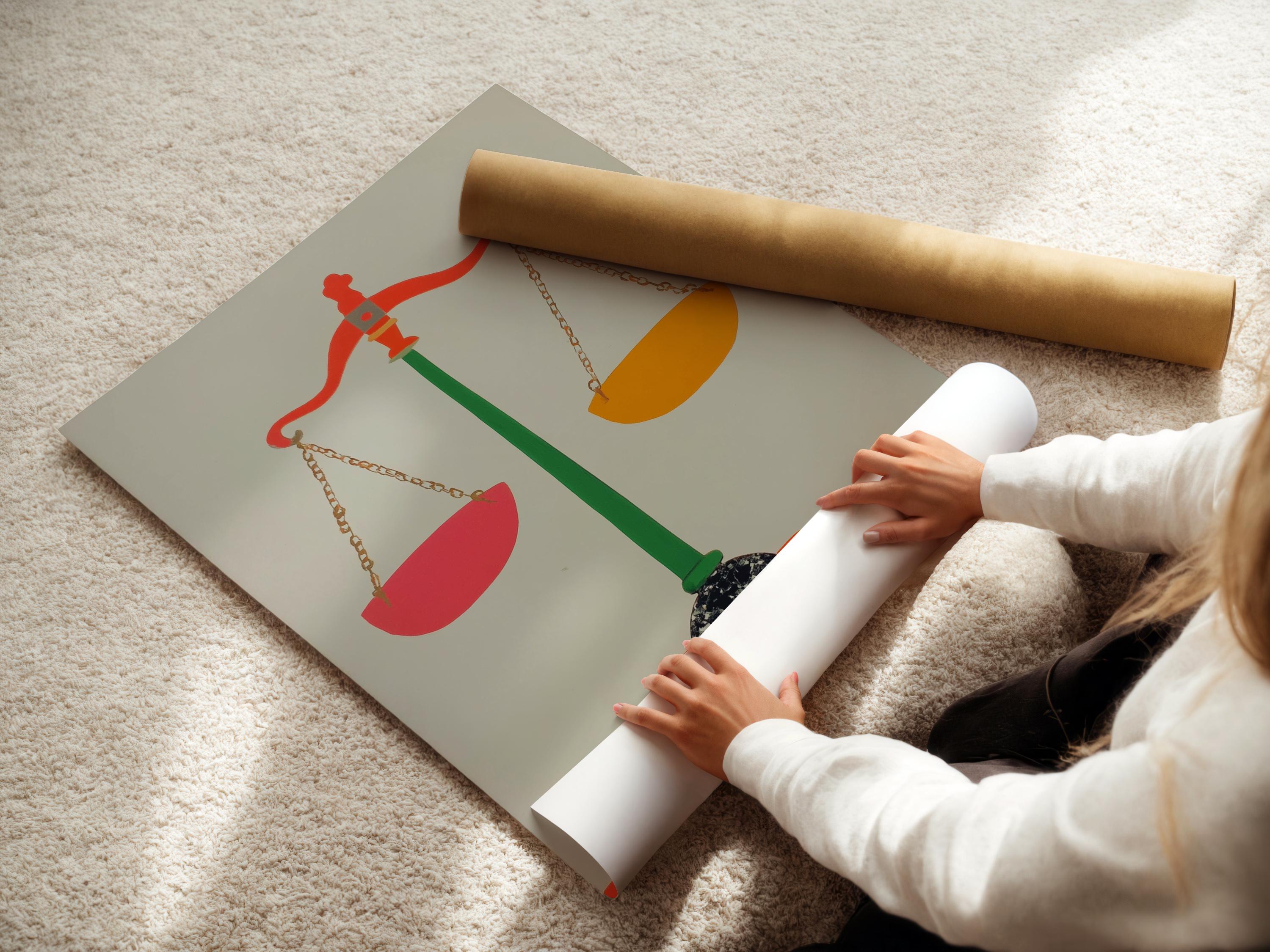 A stylised balance scale icon with a green stand and red and orange pans sits centrally on a pale background, framed by a thin border detail view