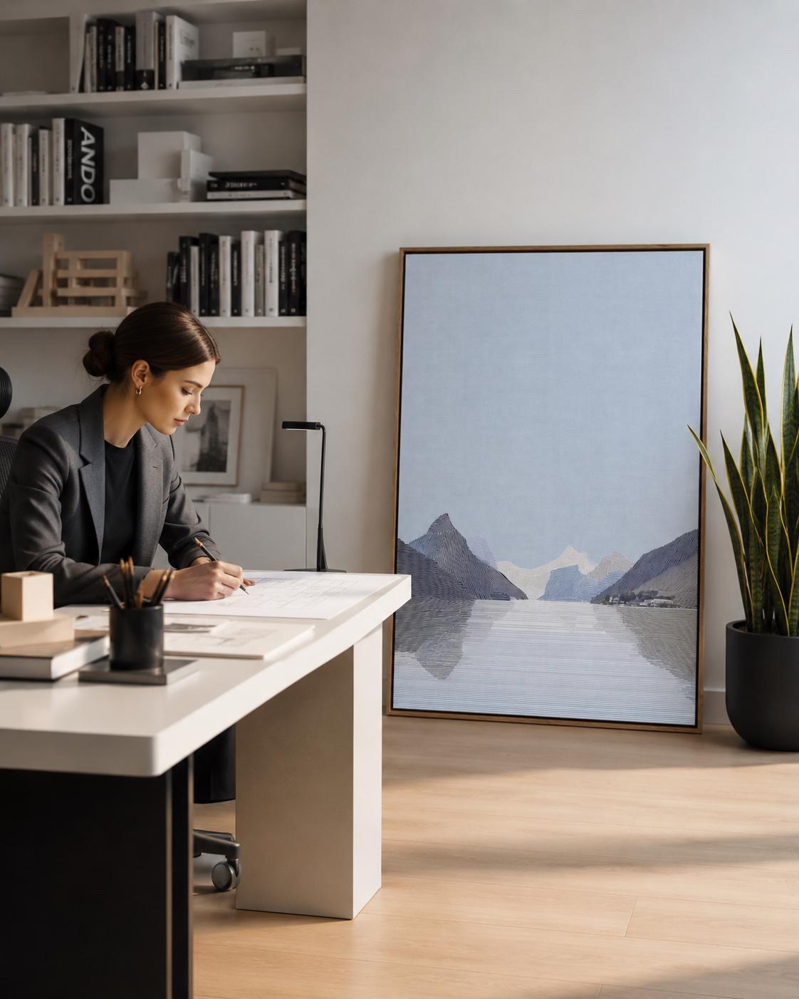 Person viewing an abstract mountain artwork in a modern room mockup