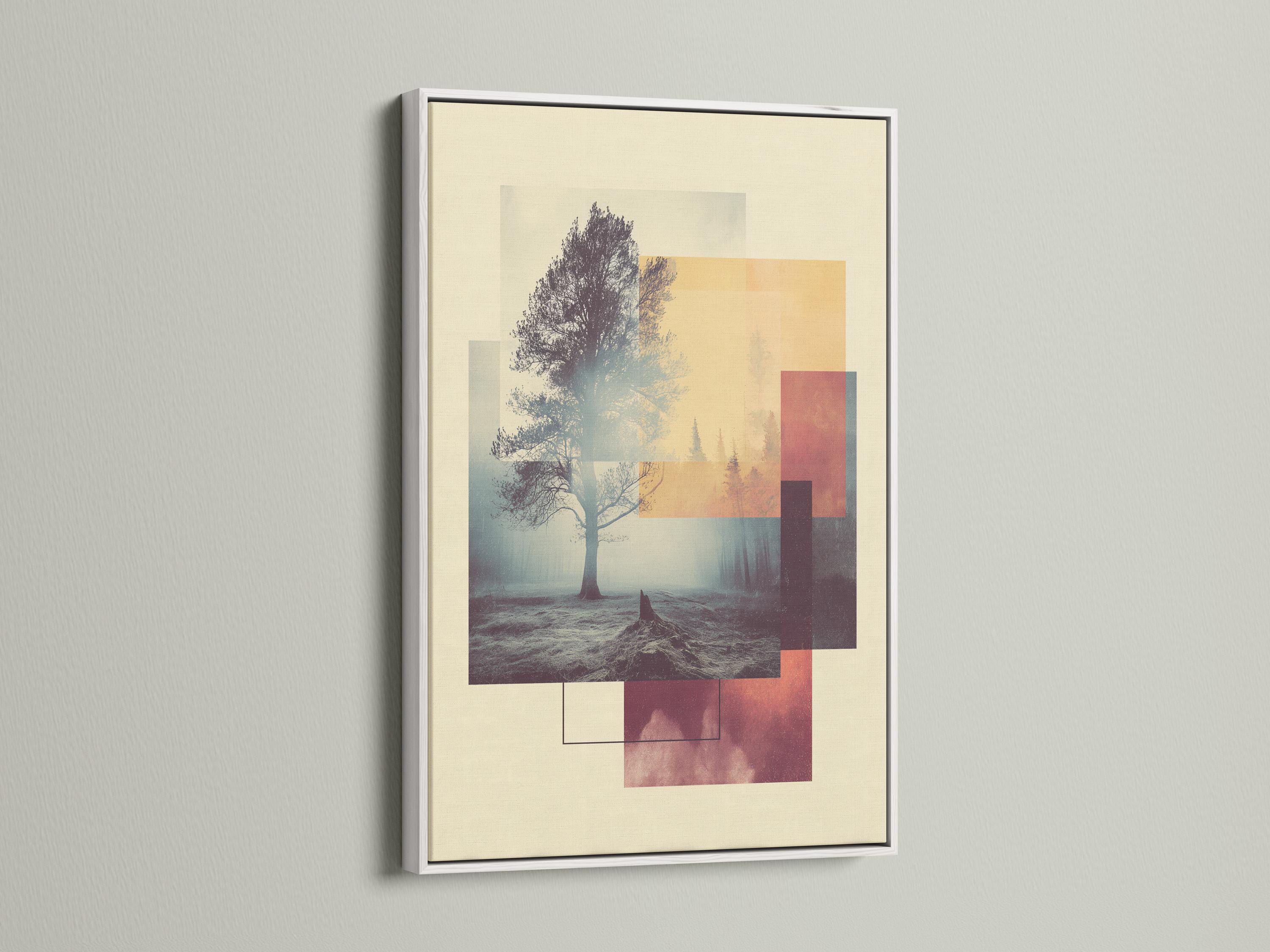Abstract tree landscape with a lone tree silhouette and geometric beige, grey-blue and burgundy blocks detail view