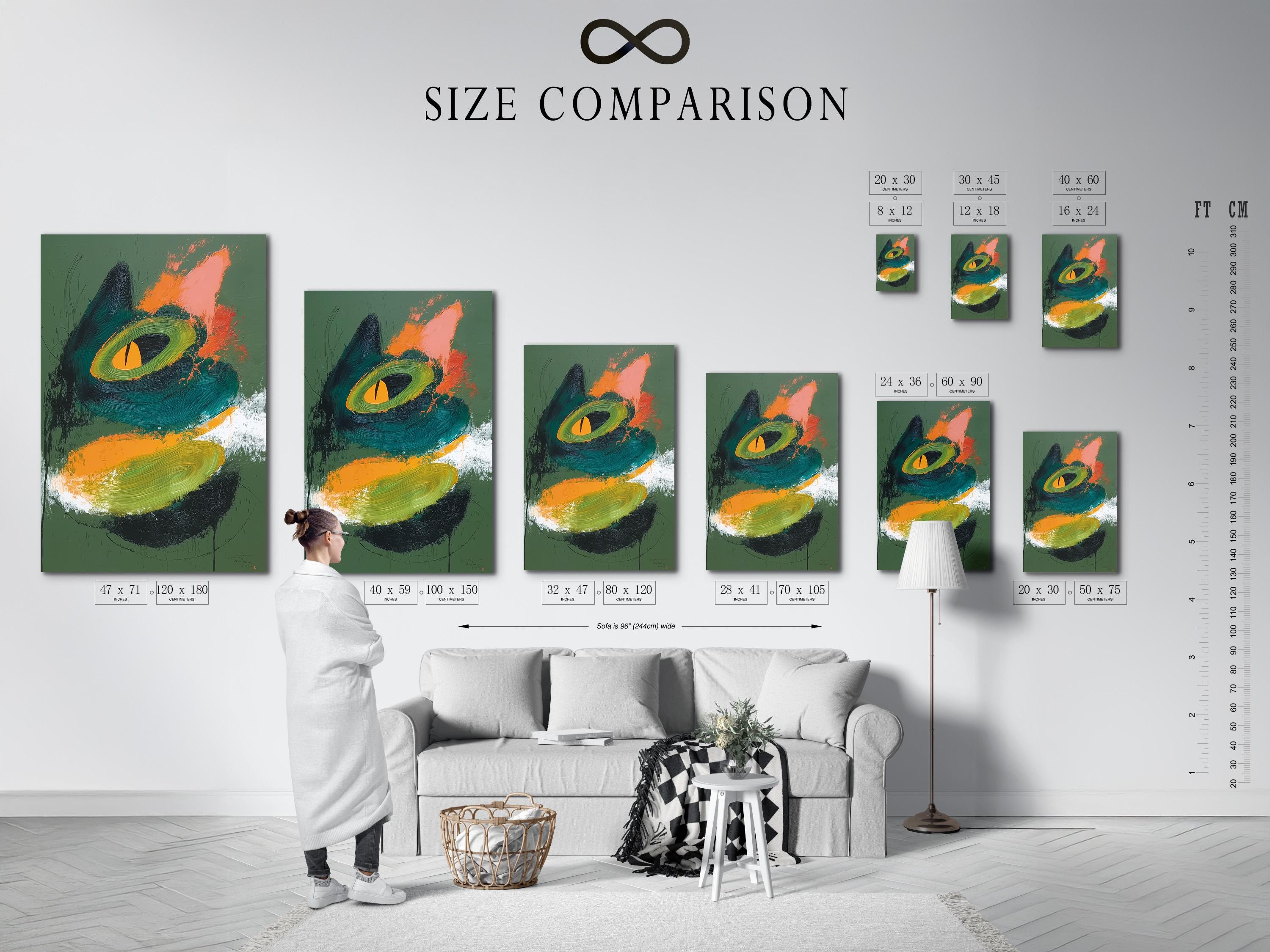 Abstract cat face artwork with green background, teal swirls and orange highlight detail view