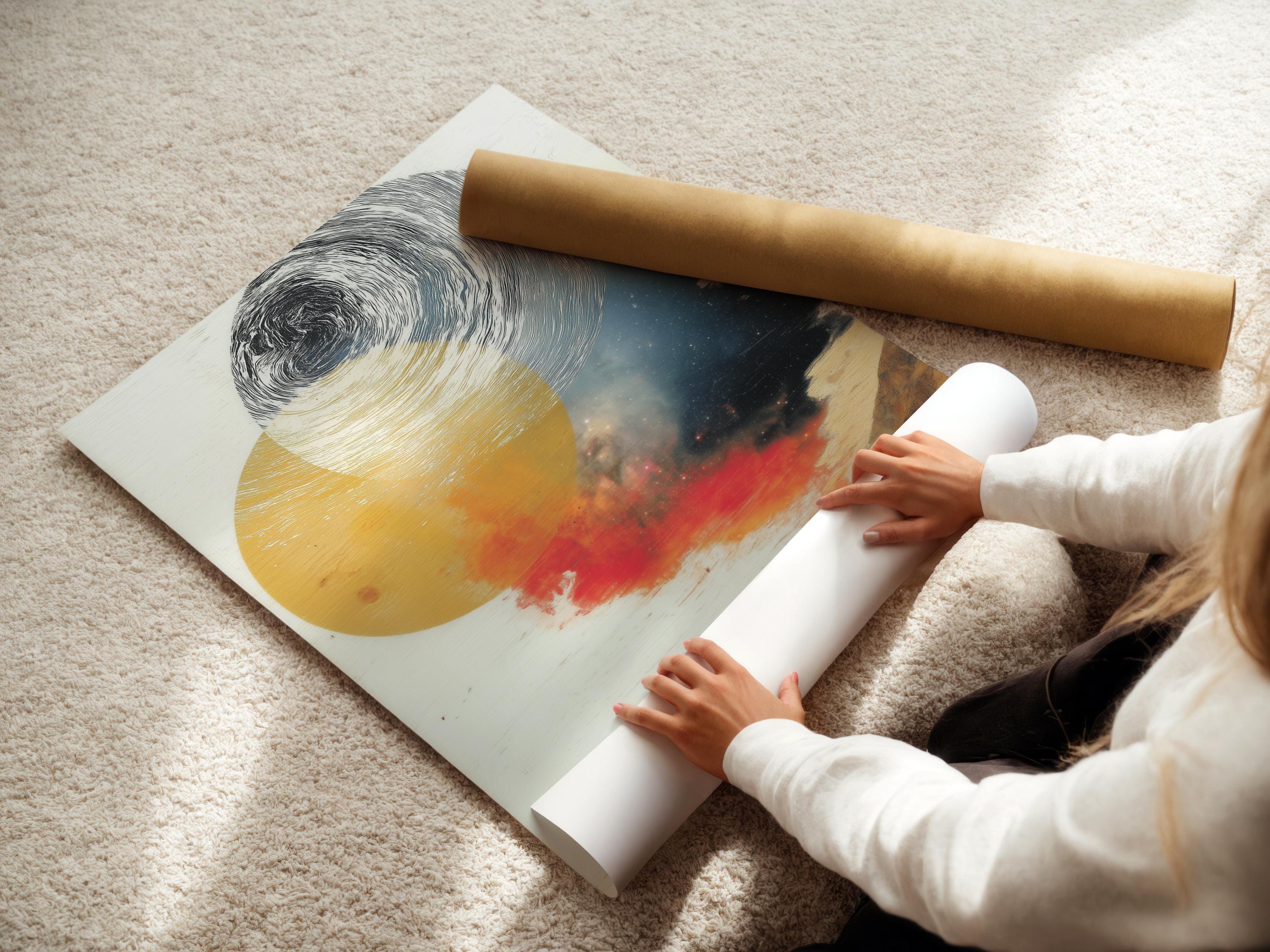 Ochre, grey and blue abstract landscape with swirling wave linework and overlapping circles detail view